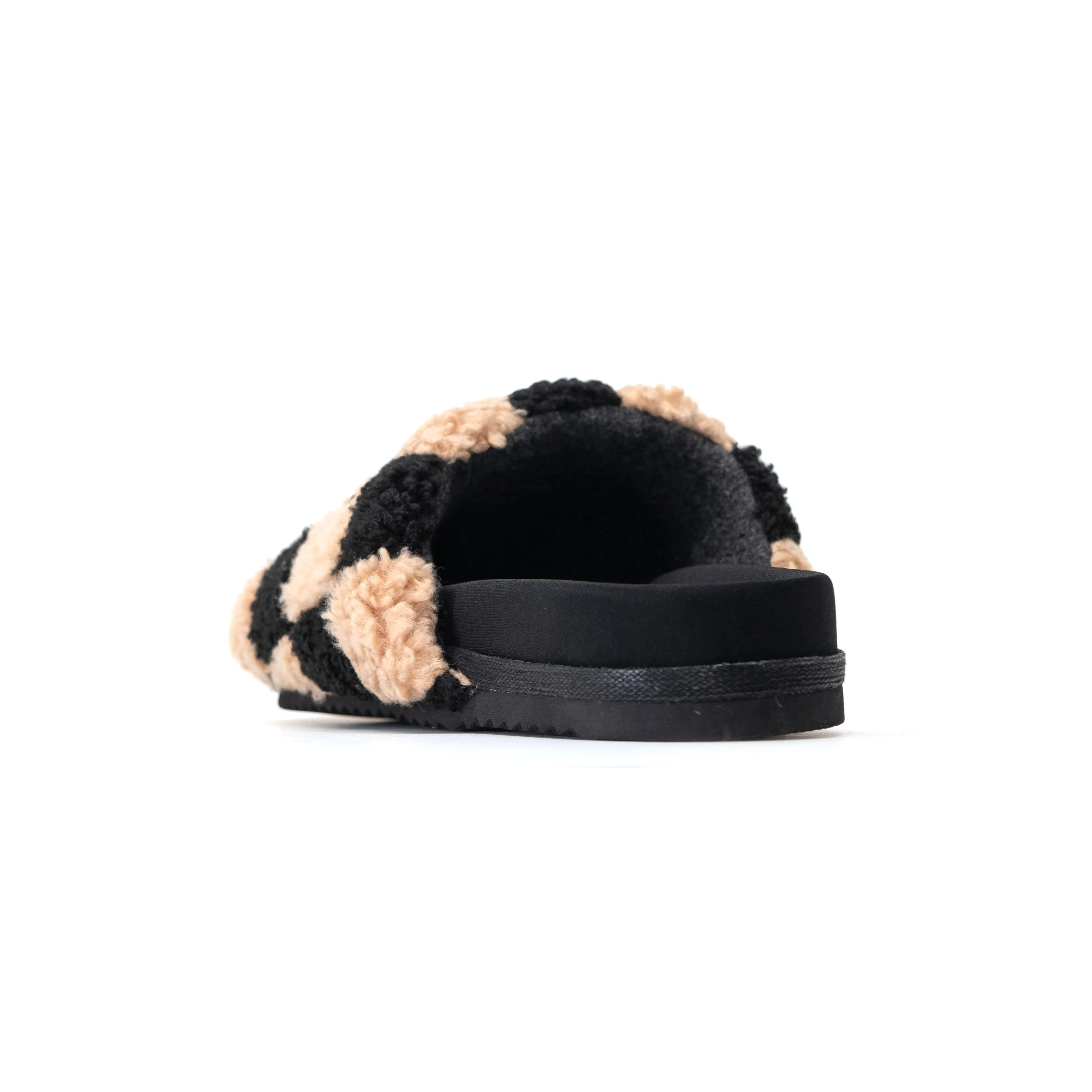 ROAM FUZZY CHECKER SLIDERS BLACK & BEIGE FAUX SHEARLING