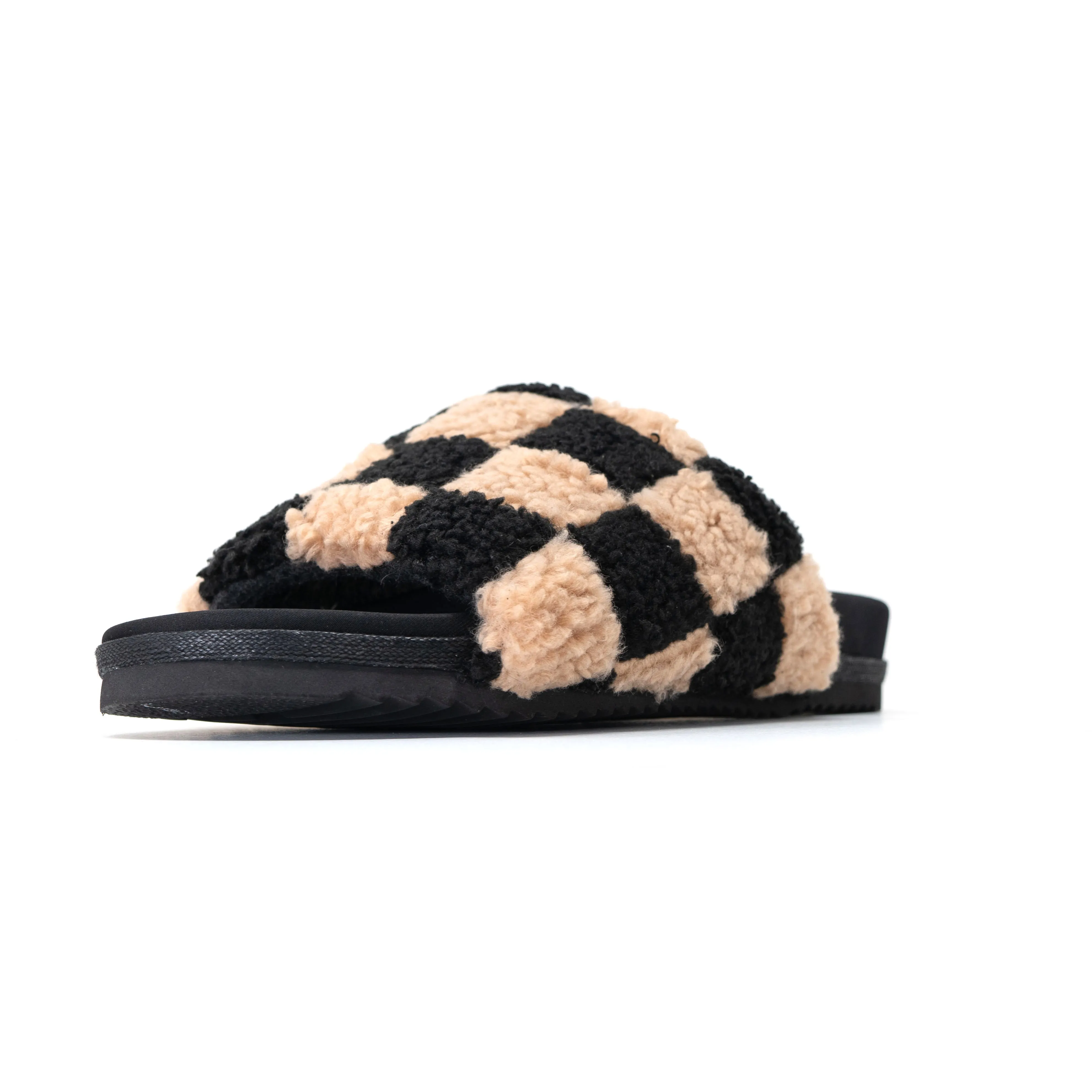 ROAM FUZZY CHECKER SLIDERS BLACK & BEIGE FAUX SHEARLING