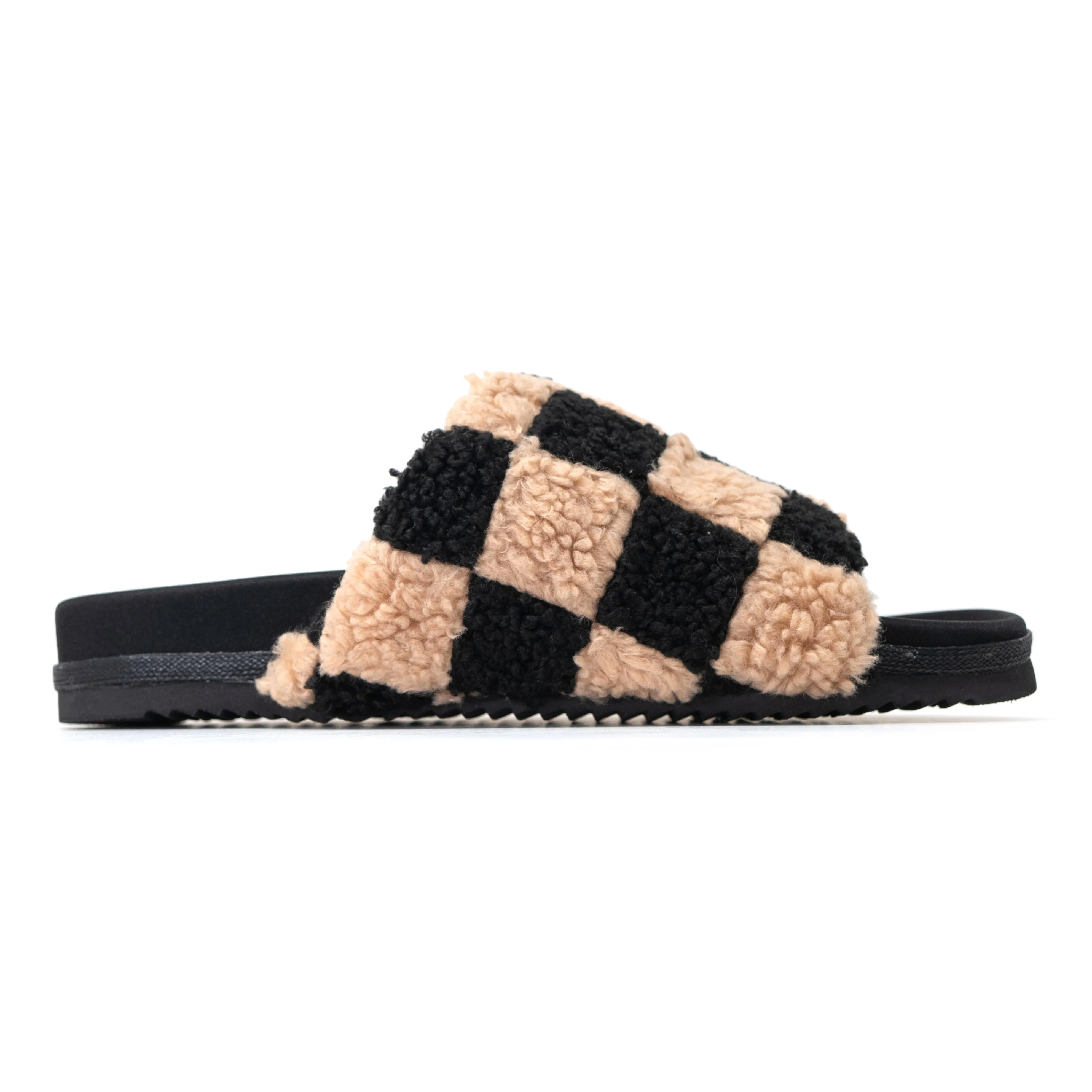ROAM FUZZY CHECKER SLIDERS BLACK & BEIGE FAUX SHEARLING