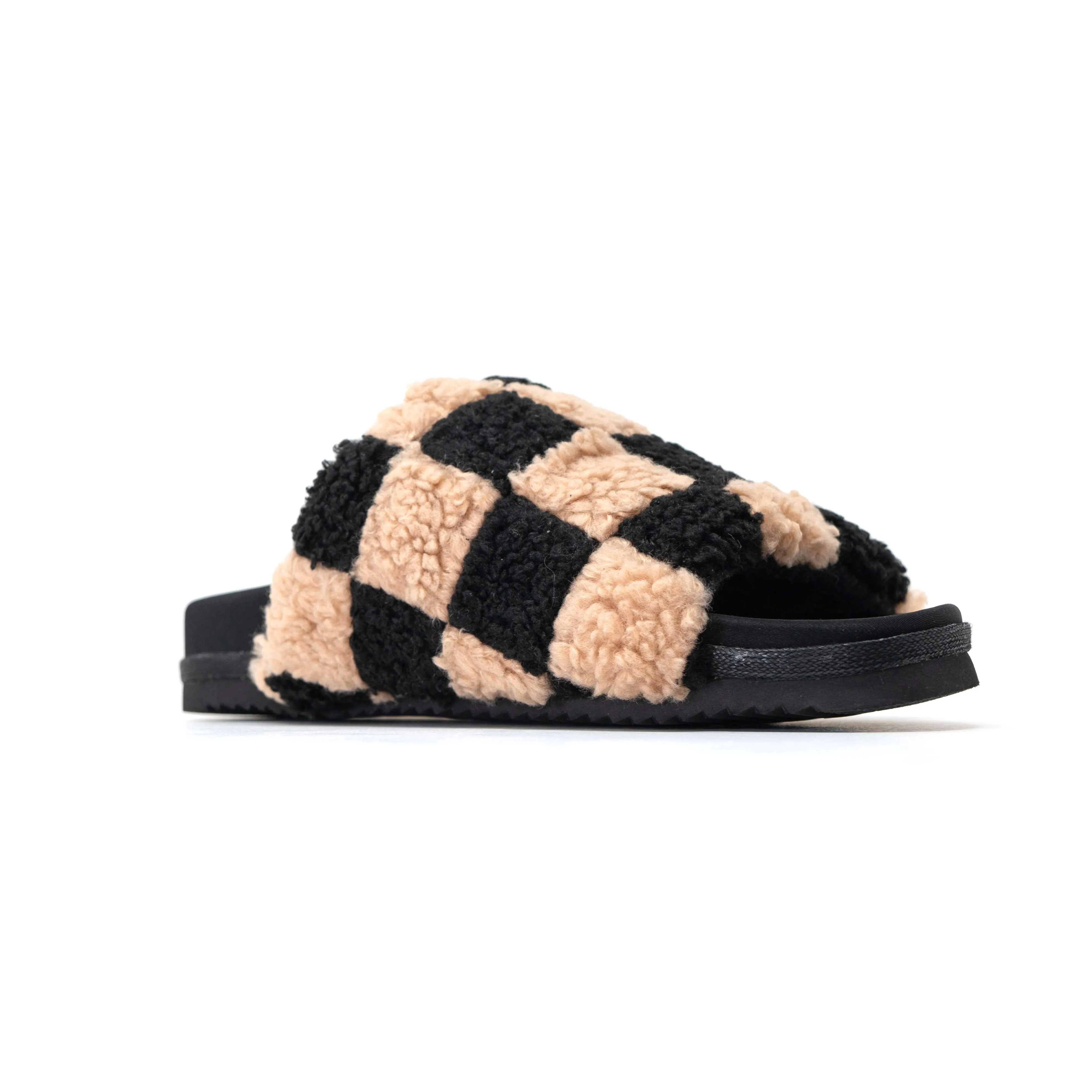 ROAM FUZZY CHECKER SLIDERS BLACK & BEIGE FAUX SHEARLING