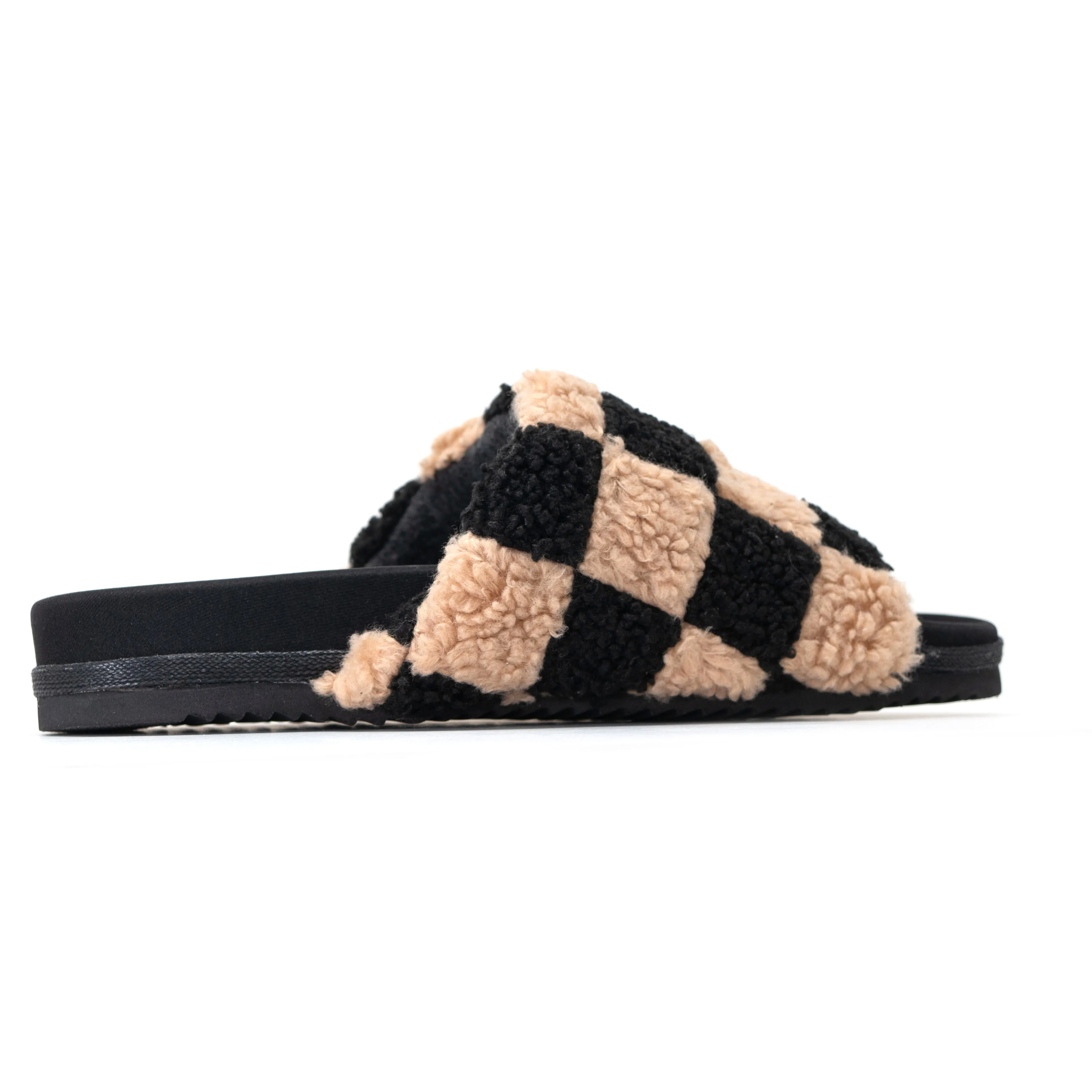 ROAM FUZZY CHECKER SLIDERS BLACK & BEIGE FAUX SHEARLING