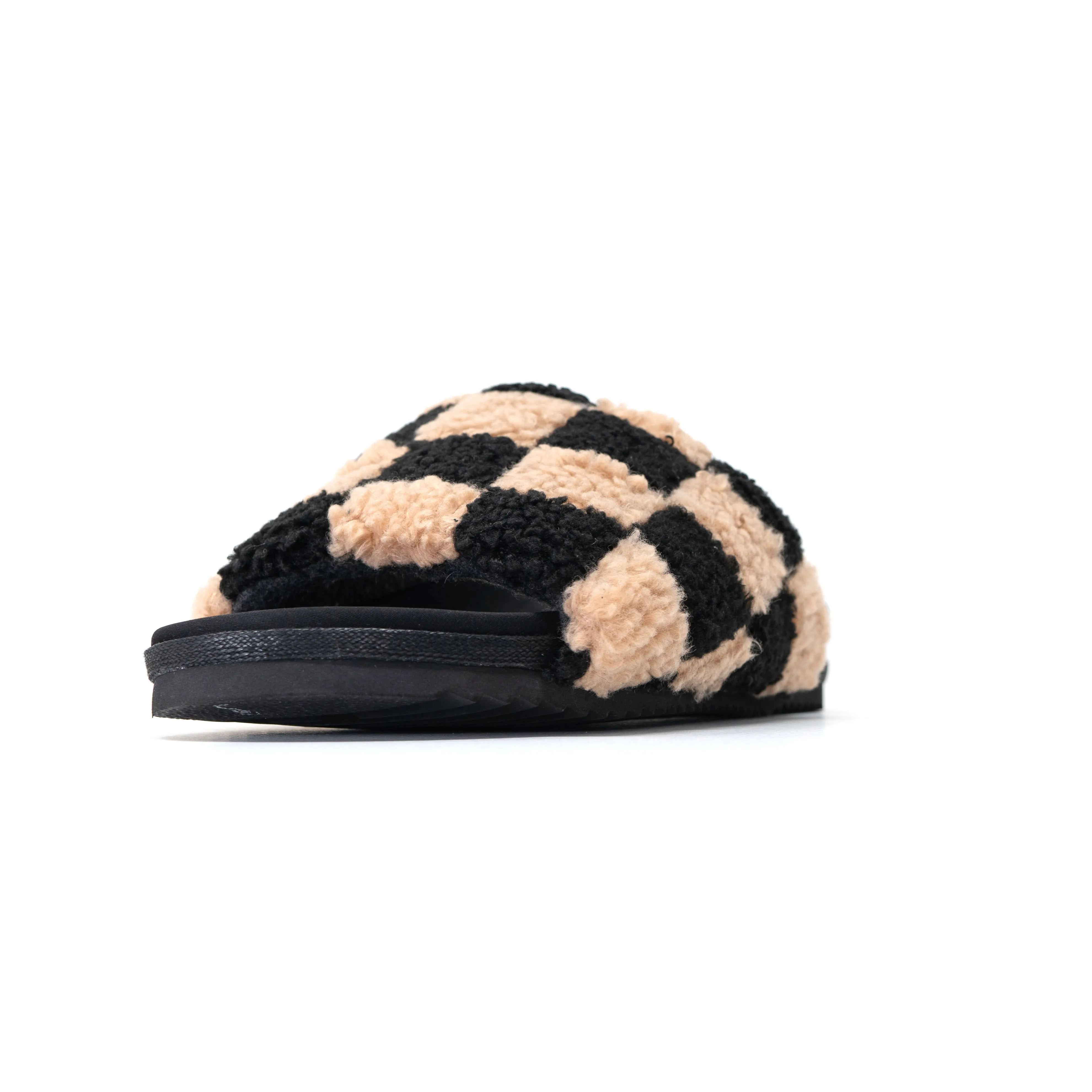 ROAM FUZZY CHECKER SLIDERS BLACK & BEIGE FAUX SHEARLING