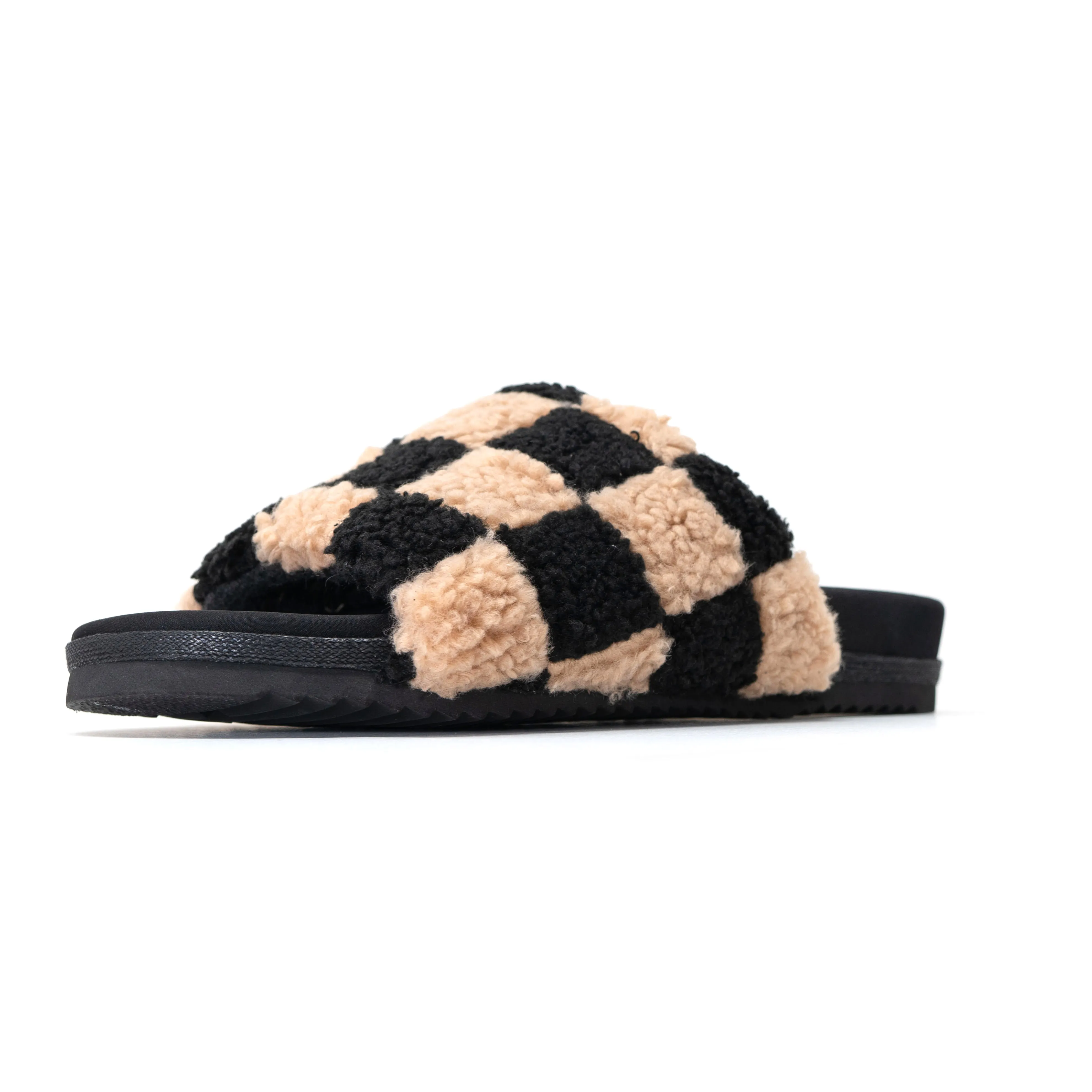 ROAM FUZZY CHECKER SLIDERS BLACK & BEIGE FAUX SHEARLING