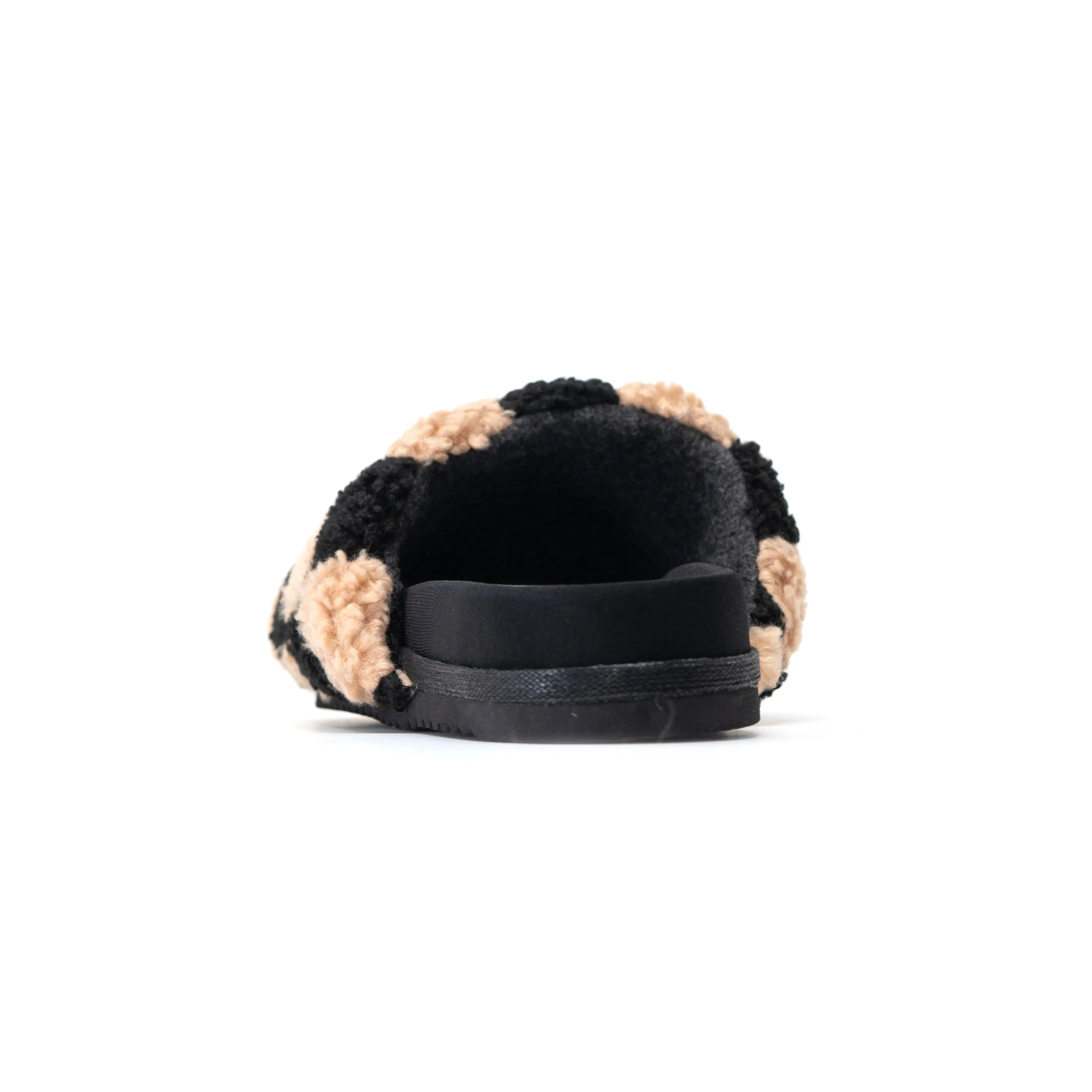 ROAM FUZZY CHECKER SLIDERS BLACK & BEIGE FAUX SHEARLING