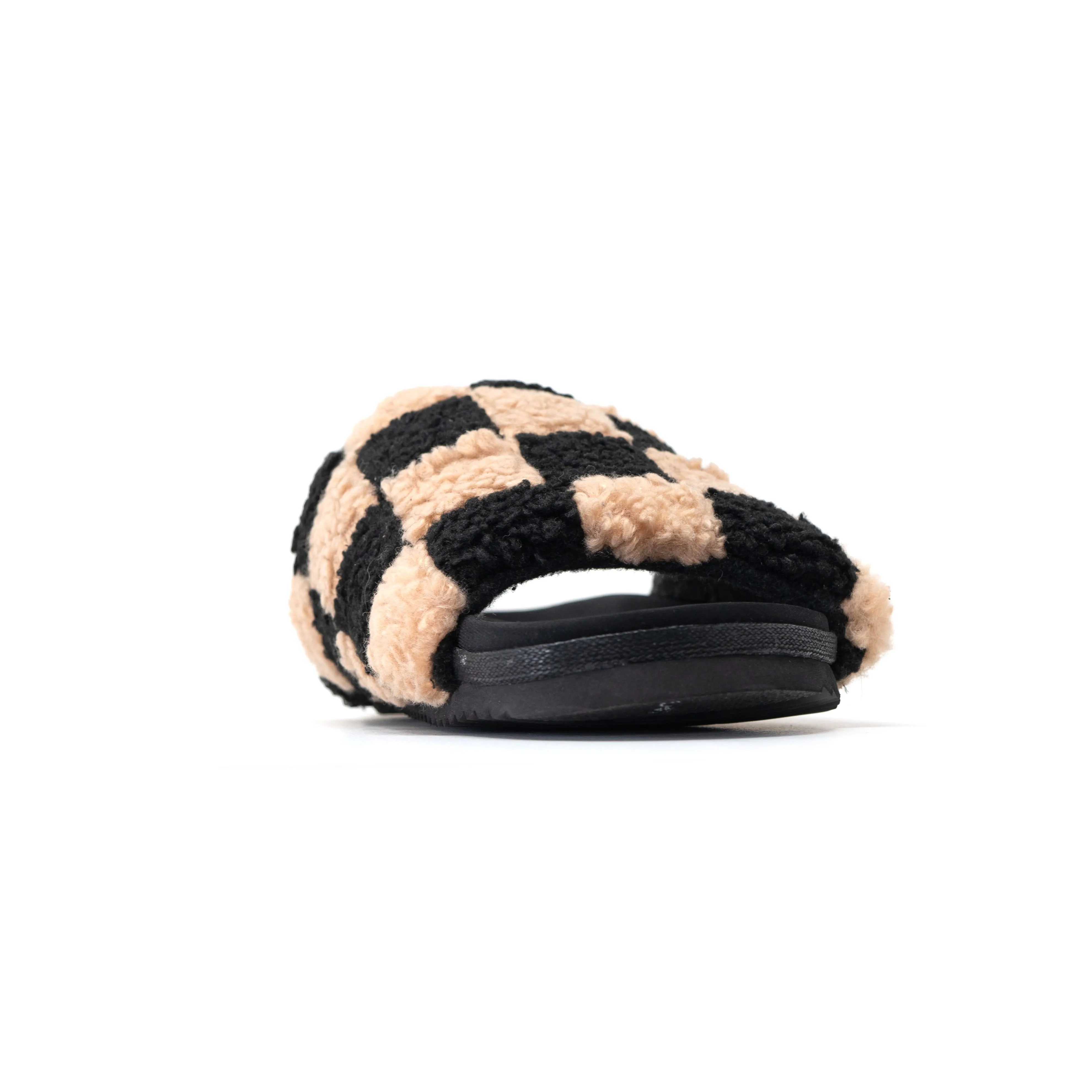 ROAM FUZZY CHECKER SLIDERS BLACK & BEIGE FAUX SHEARLING