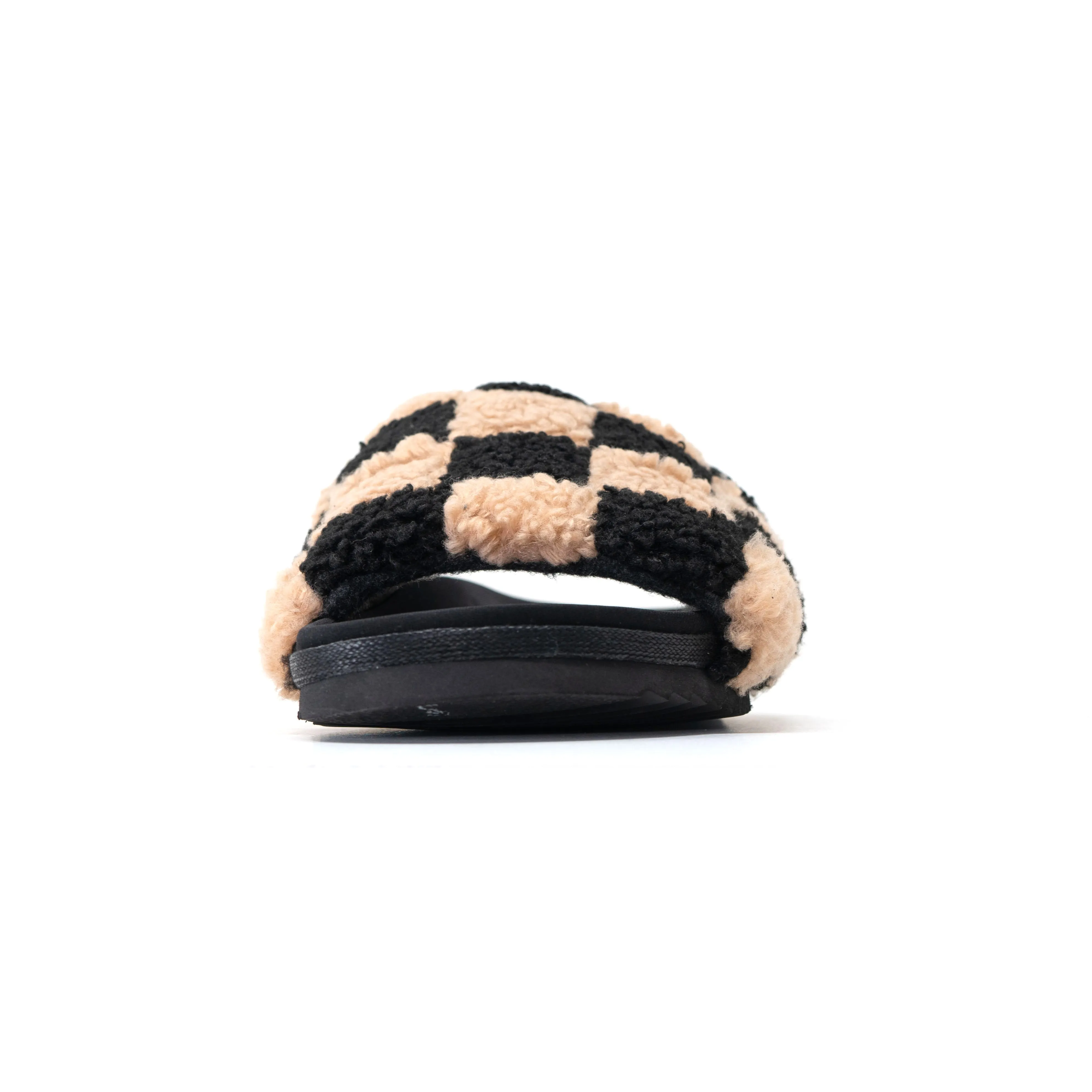 ROAM FUZZY CHECKER SLIDERS BLACK & BEIGE FAUX SHEARLING