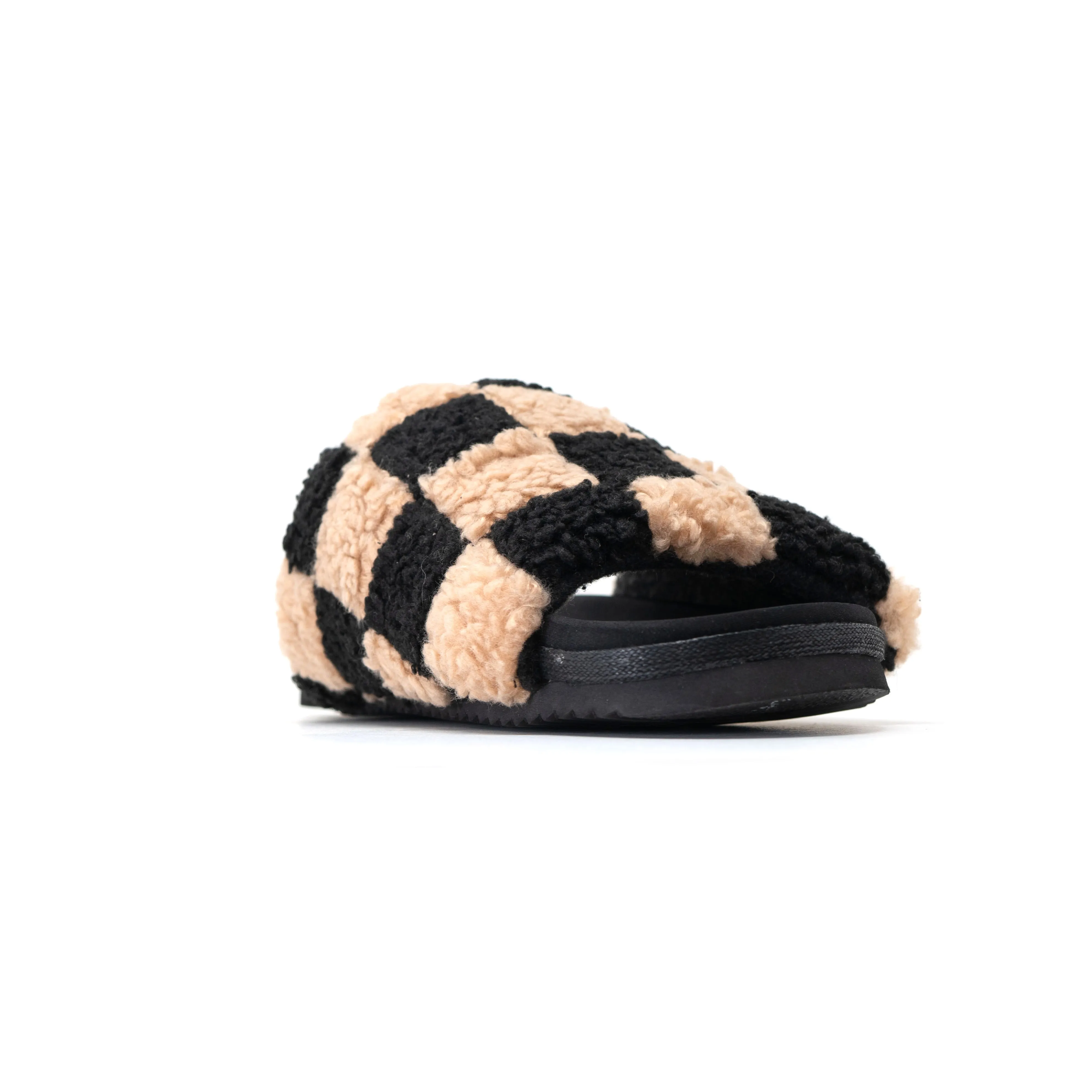 ROAM FUZZY CHECKER SLIDERS BLACK & BEIGE FAUX SHEARLING