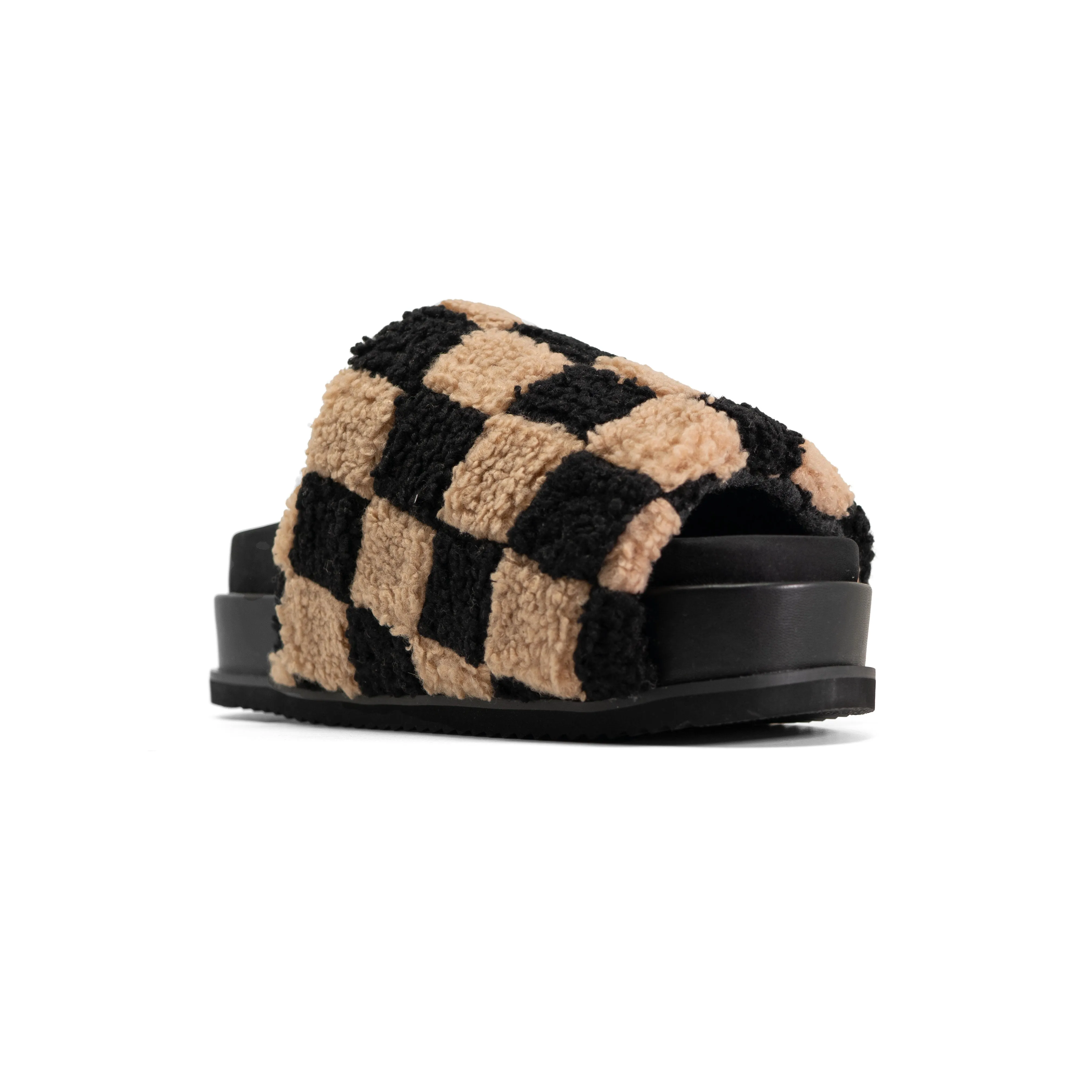 ROAM FUZZY CHECKER STACK PLATFORM  BLACK & BEIGE FAUX SHEARLING