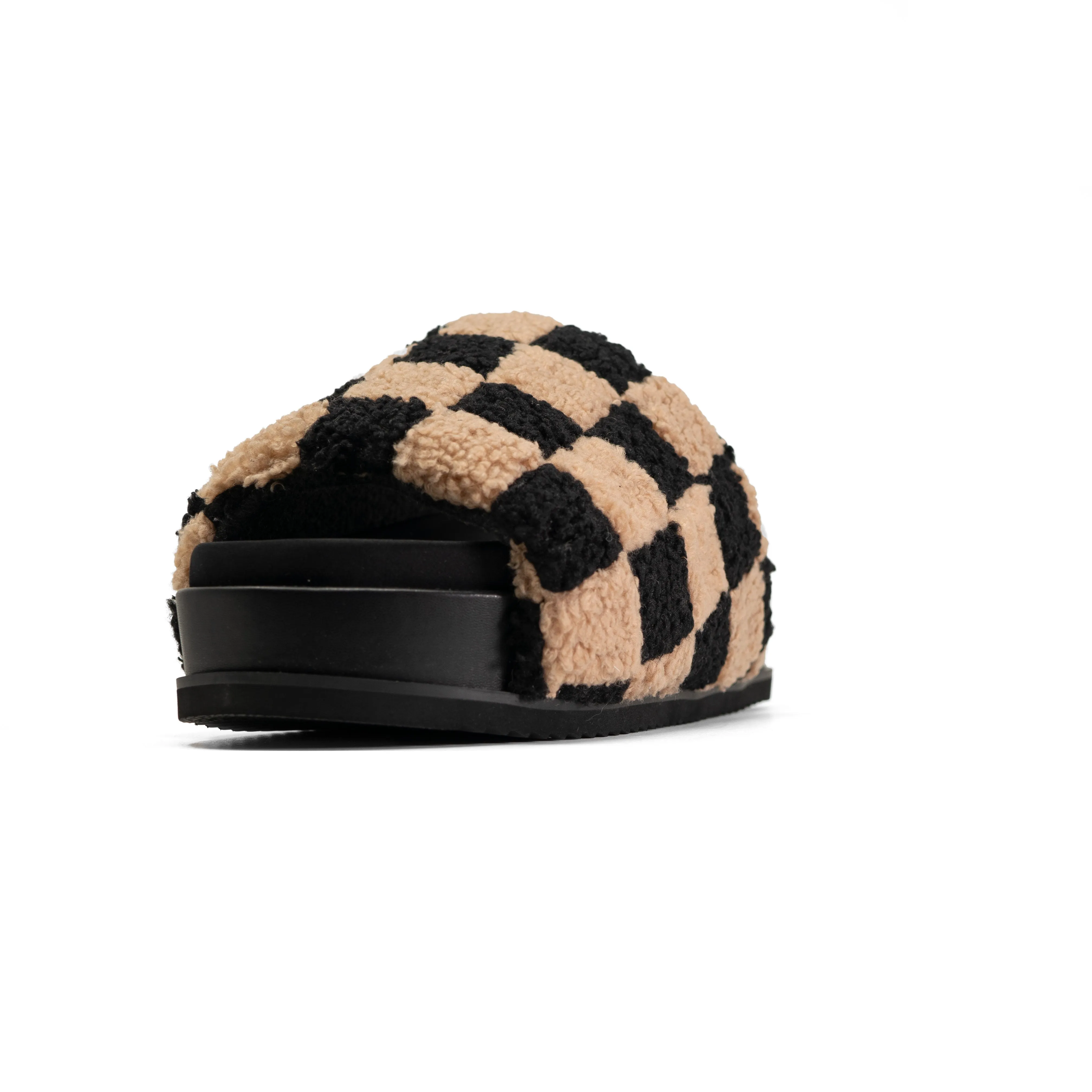 ROAM FUZZY CHECKER STACK PLATFORM  BLACK & BEIGE FAUX SHEARLING