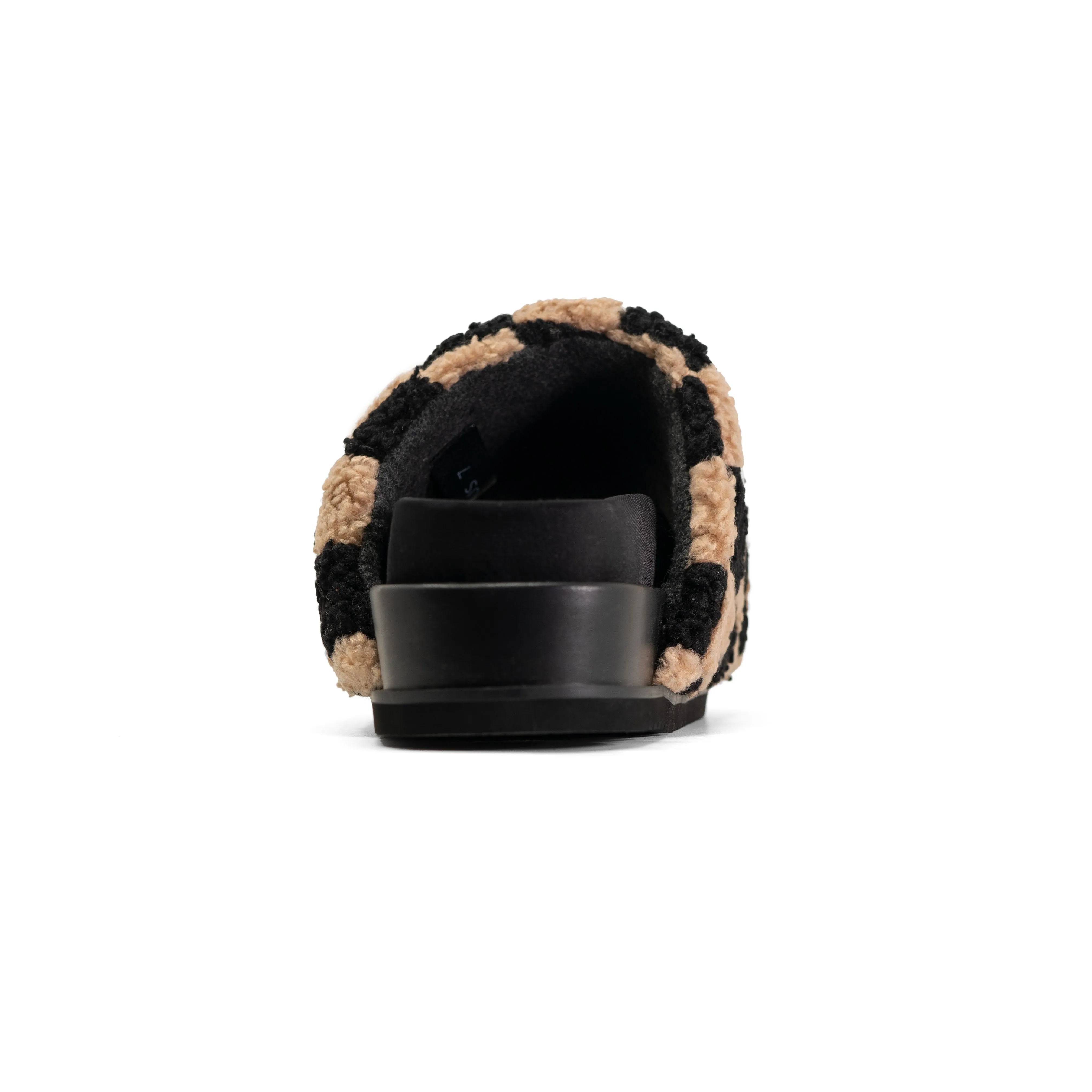 ROAM FUZZY CHECKER STACK PLATFORM  BLACK & BEIGE FAUX SHEARLING