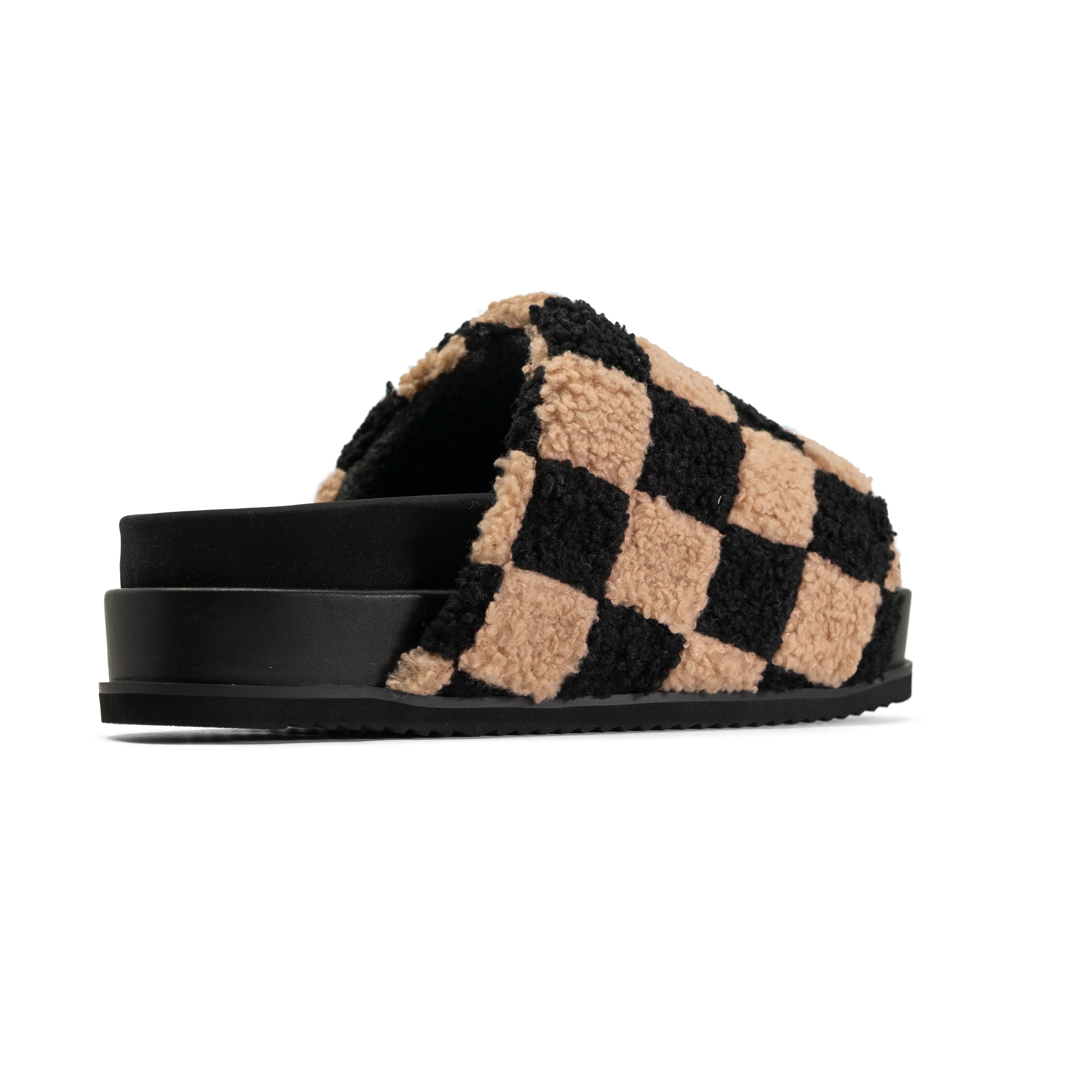 ROAM FUZZY CHECKER STACK PLATFORM  BLACK & BEIGE FAUX SHEARLING
