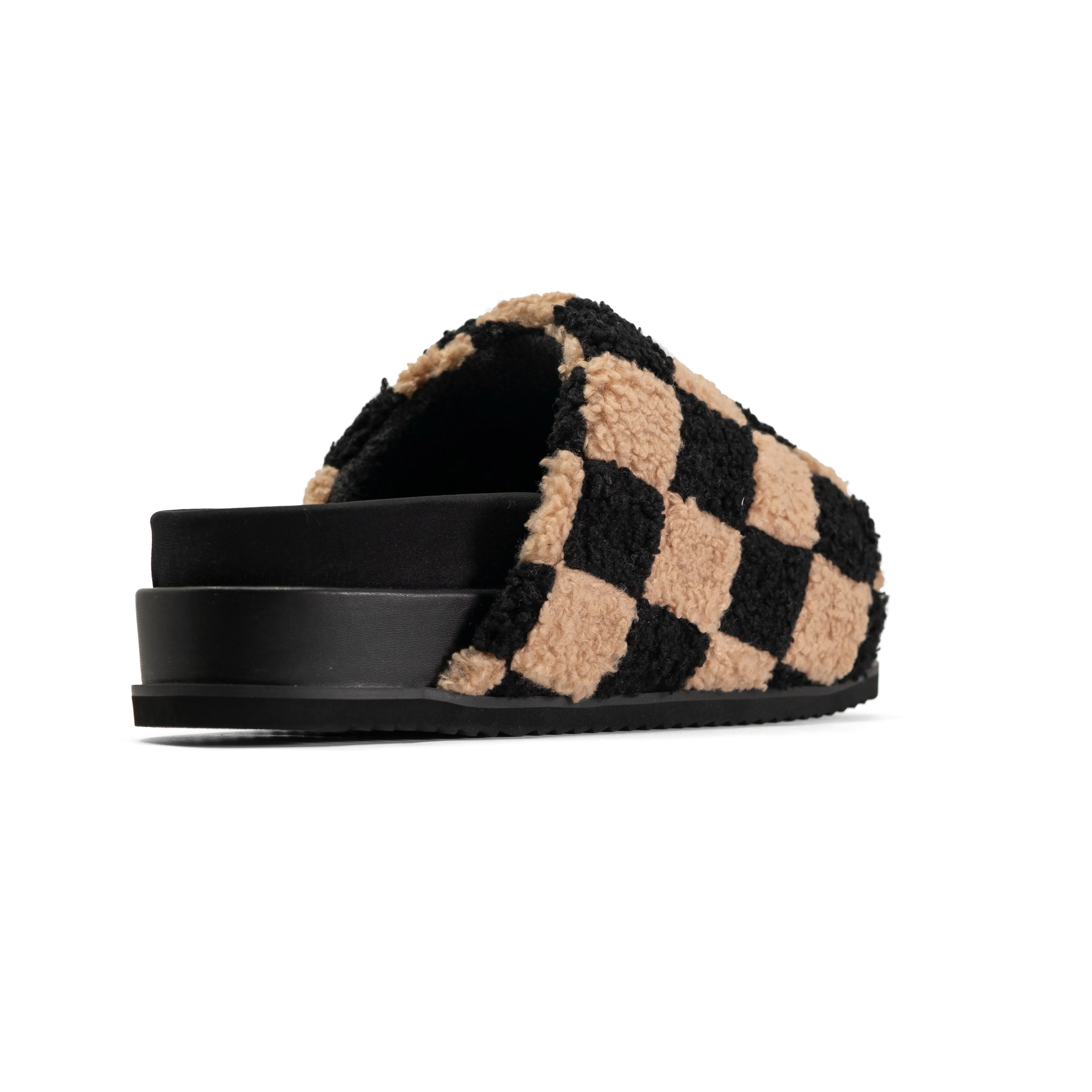 ROAM FUZZY CHECKER STACK PLATFORM  BLACK & BEIGE FAUX SHEARLING