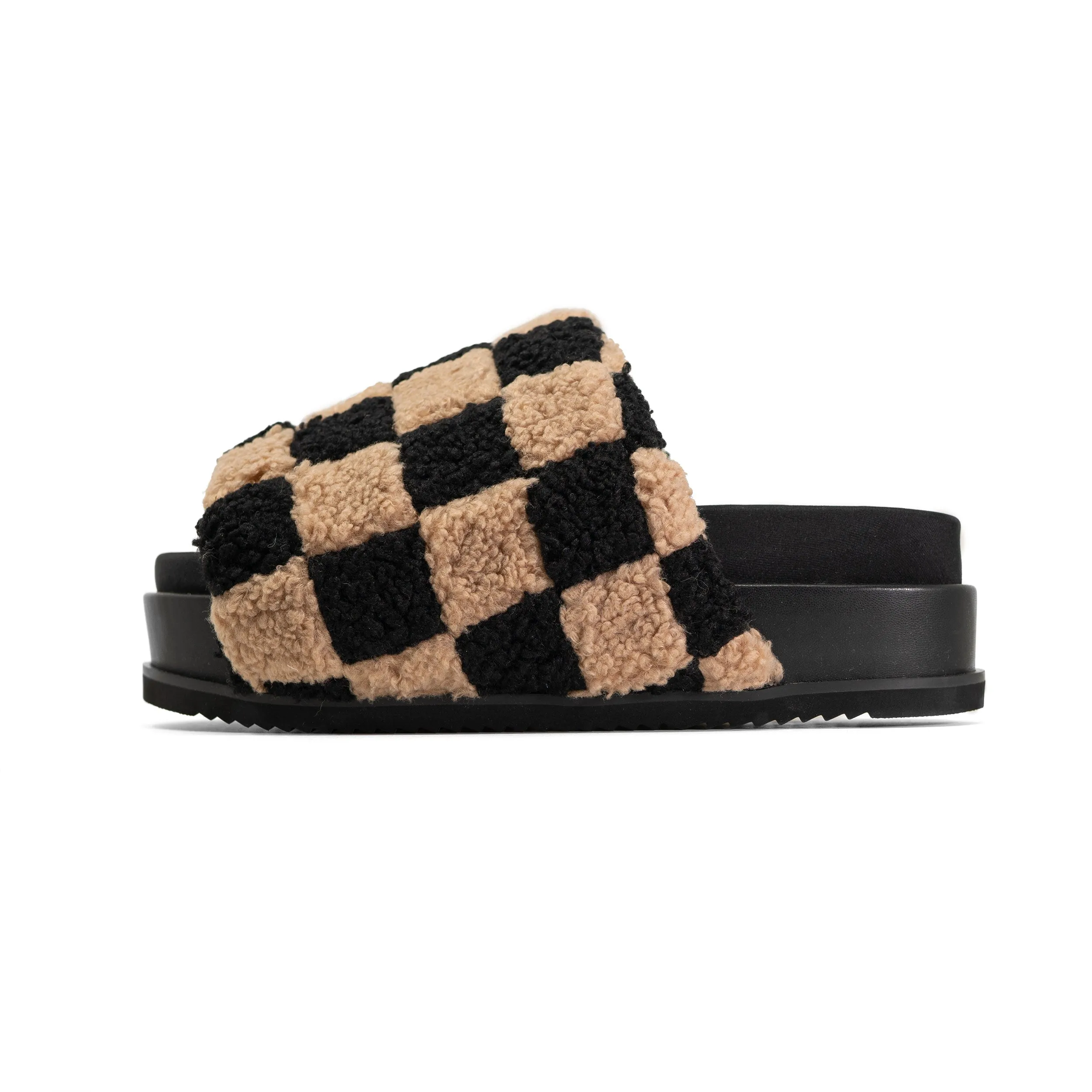 ROAM FUZZY CHECKER STACK PLATFORM  BLACK & BEIGE FAUX SHEARLING