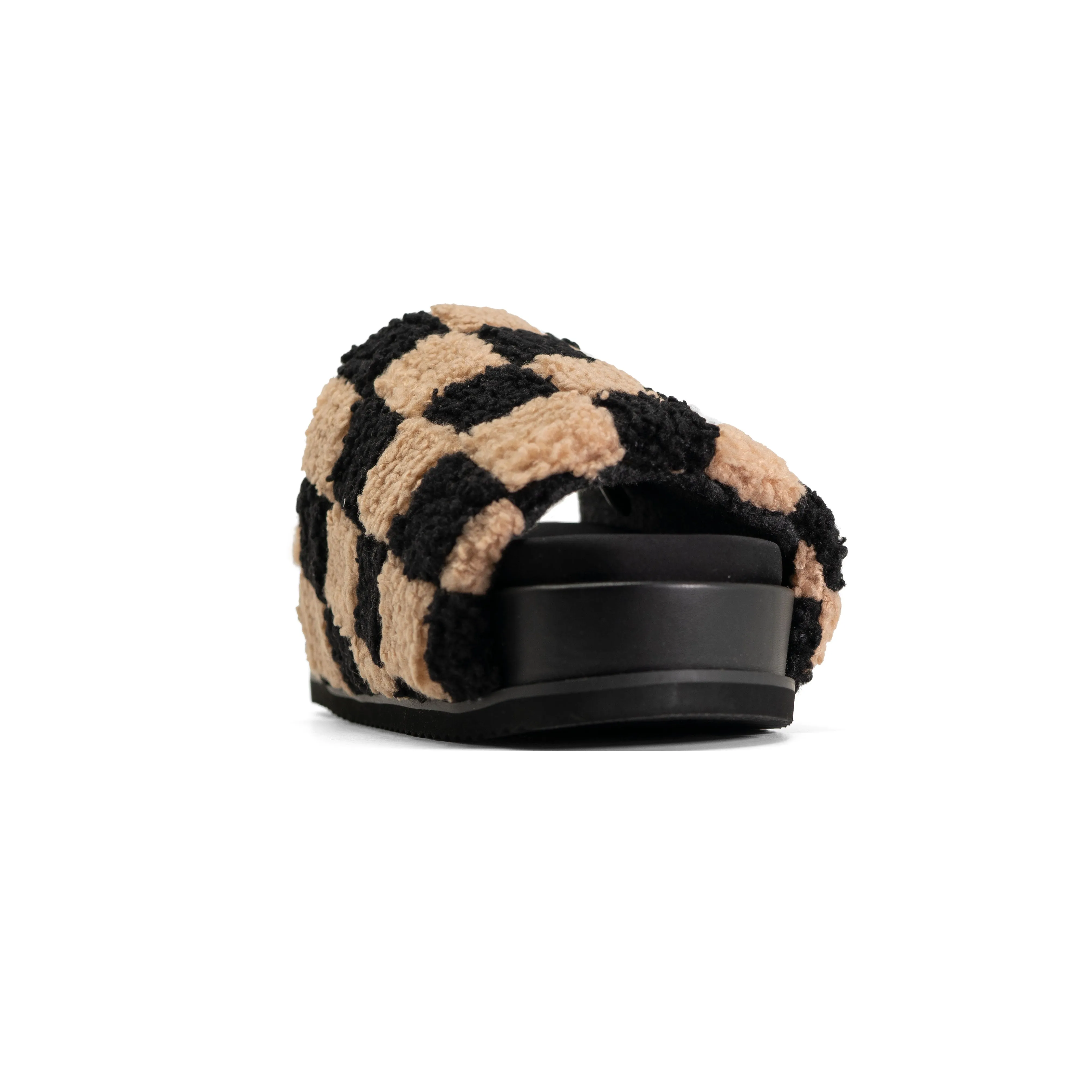 ROAM FUZZY CHECKER STACK PLATFORM  BLACK & BEIGE FAUX SHEARLING