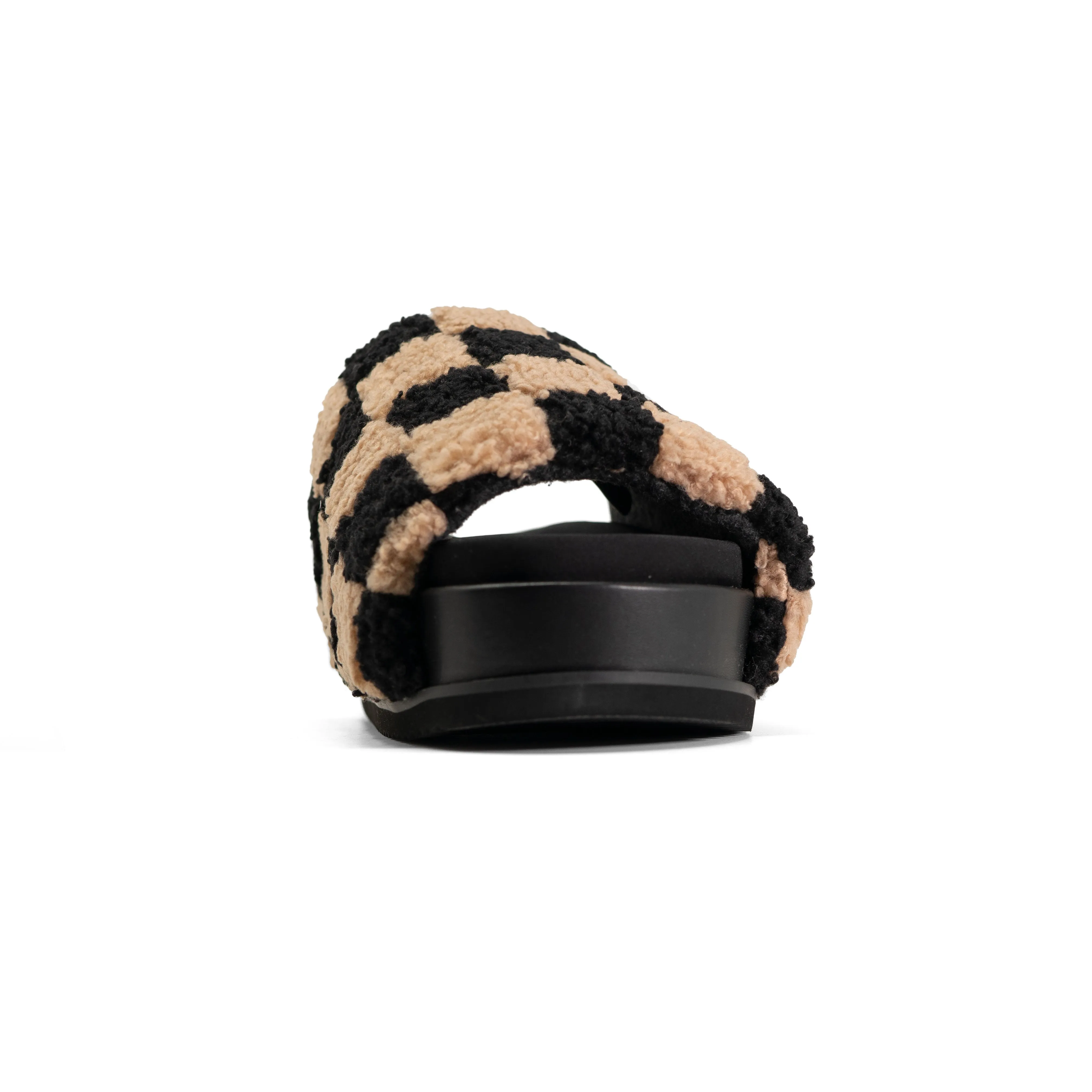 ROAM FUZZY CHECKER STACK PLATFORM  BLACK & BEIGE FAUX SHEARLING