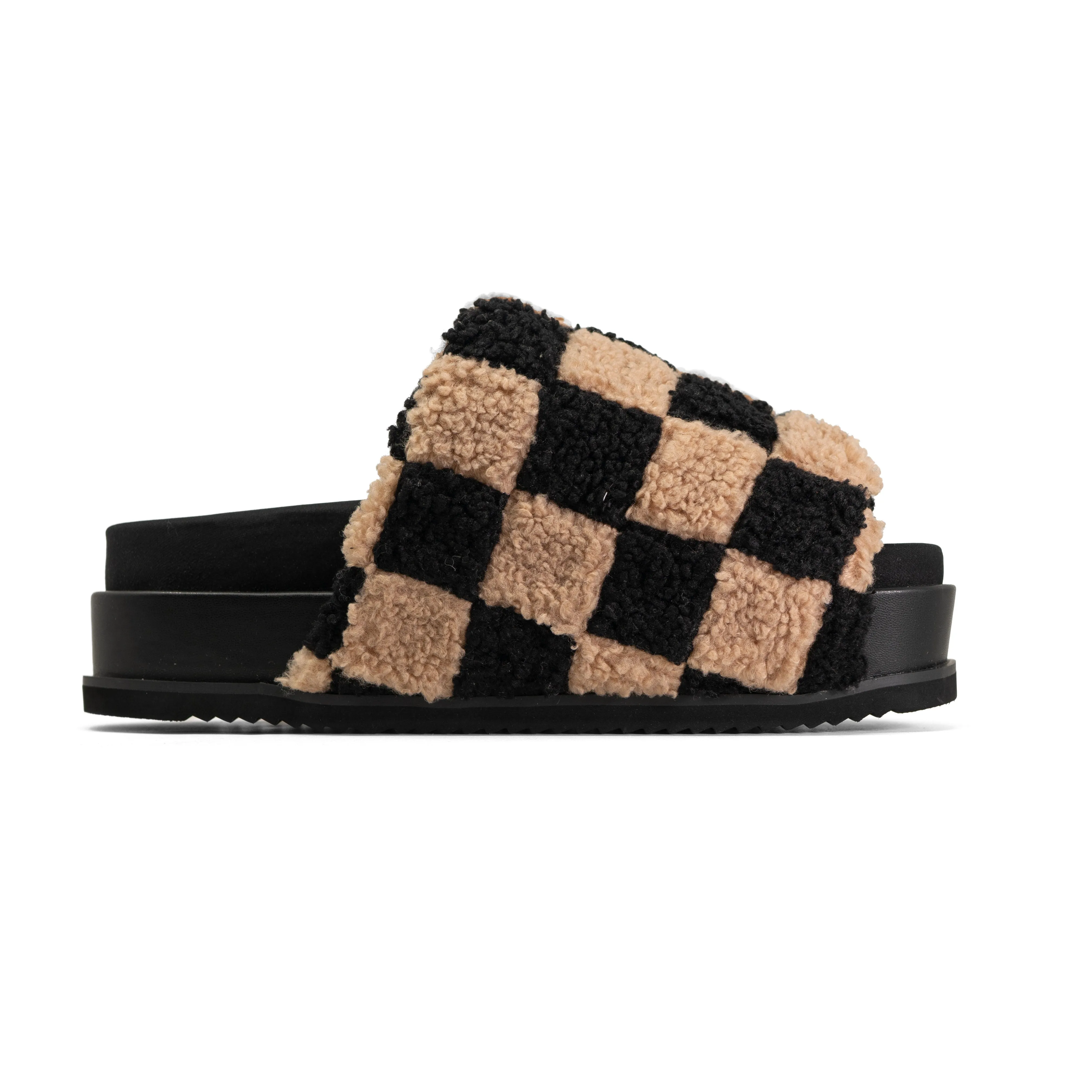 ROAM FUZZY CHECKER STACK PLATFORM  BLACK & BEIGE FAUX SHEARLING