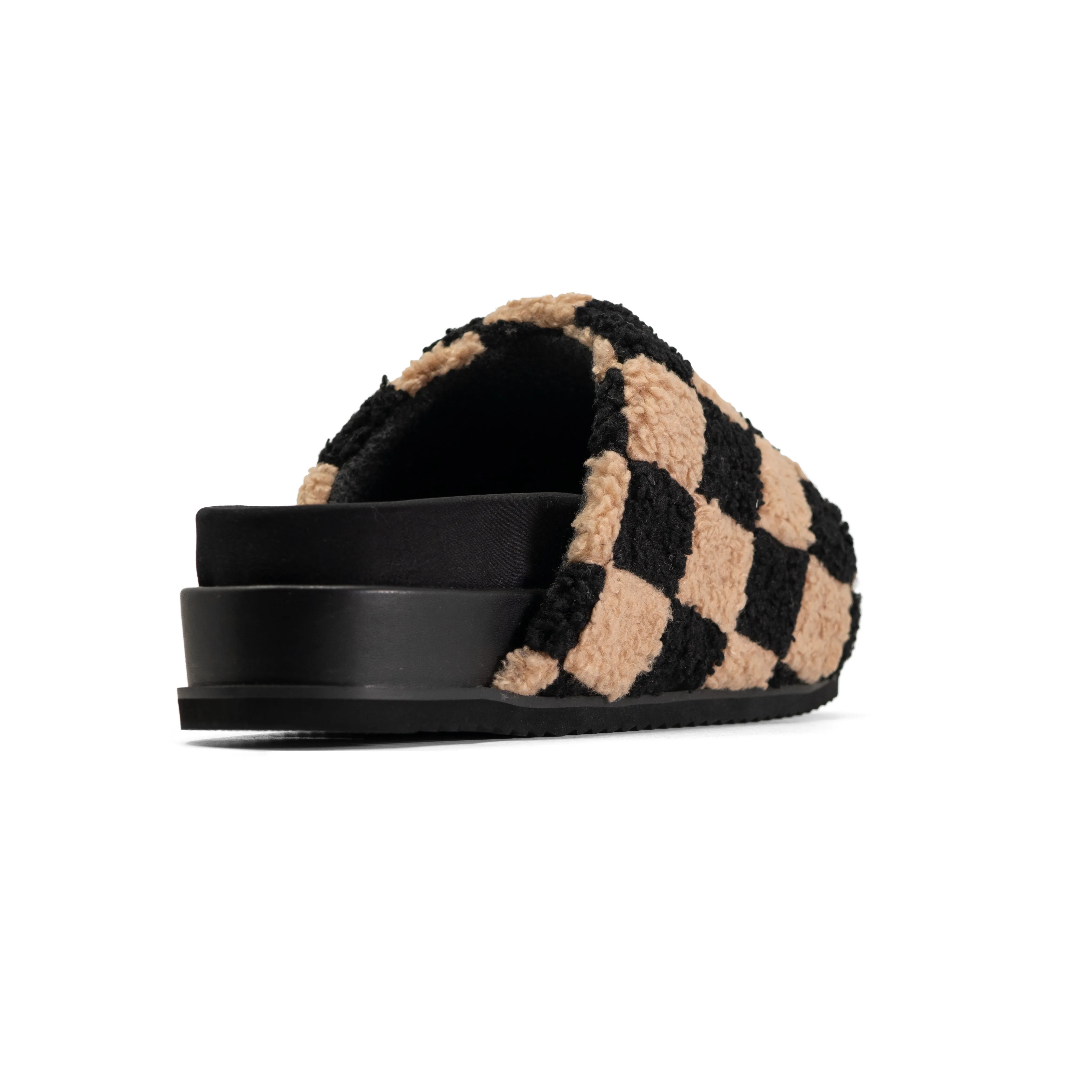 ROAM FUZZY CHECKER STACK PLATFORM  BLACK & BEIGE FAUX SHEARLING