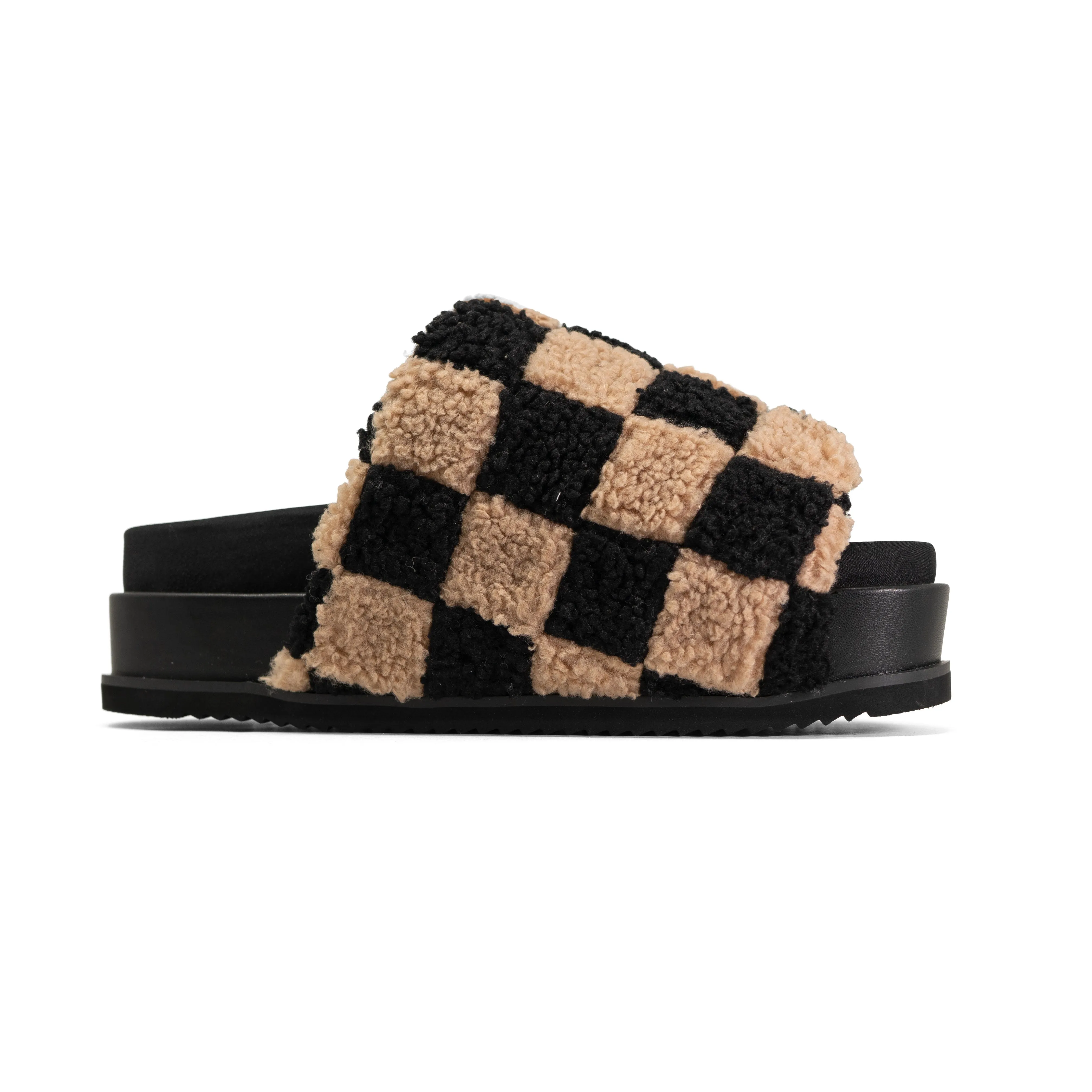 ROAM FUZZY CHECKER STACK PLATFORM  BLACK & BEIGE FAUX SHEARLING