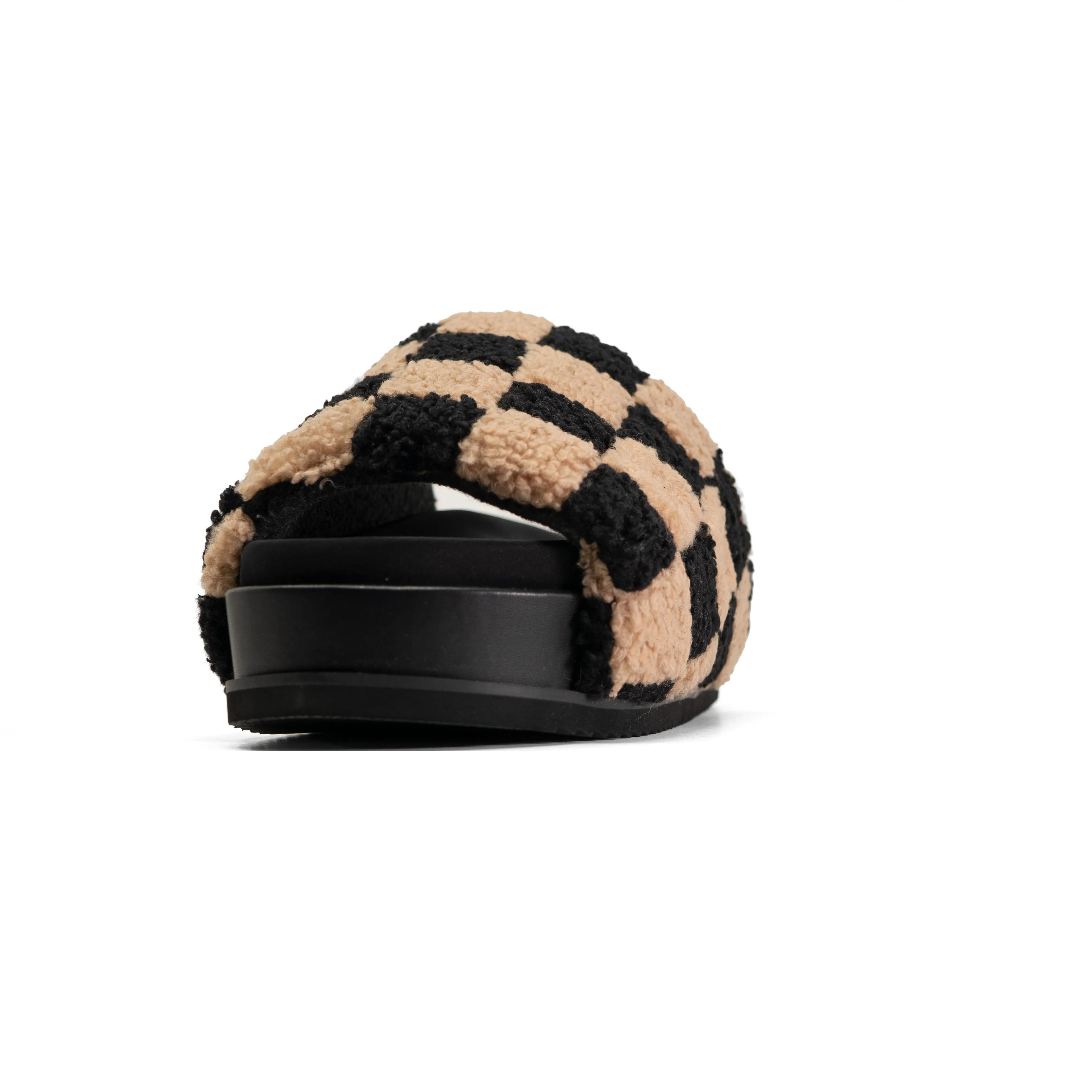 ROAM FUZZY CHECKER STACK PLATFORM  BLACK & BEIGE FAUX SHEARLING