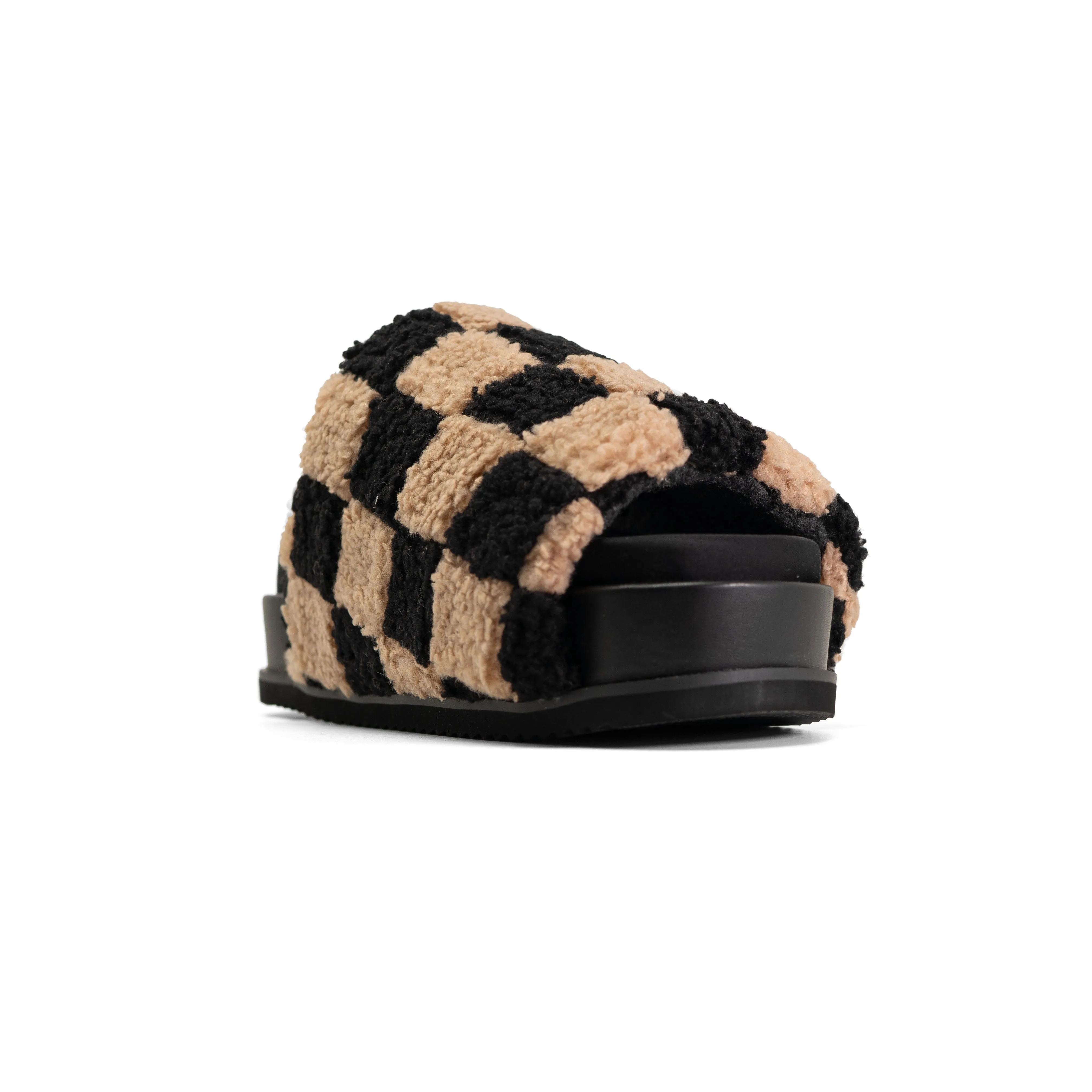 ROAM FUZZY CHECKER STACK PLATFORM  BLACK & BEIGE FAUX SHEARLING