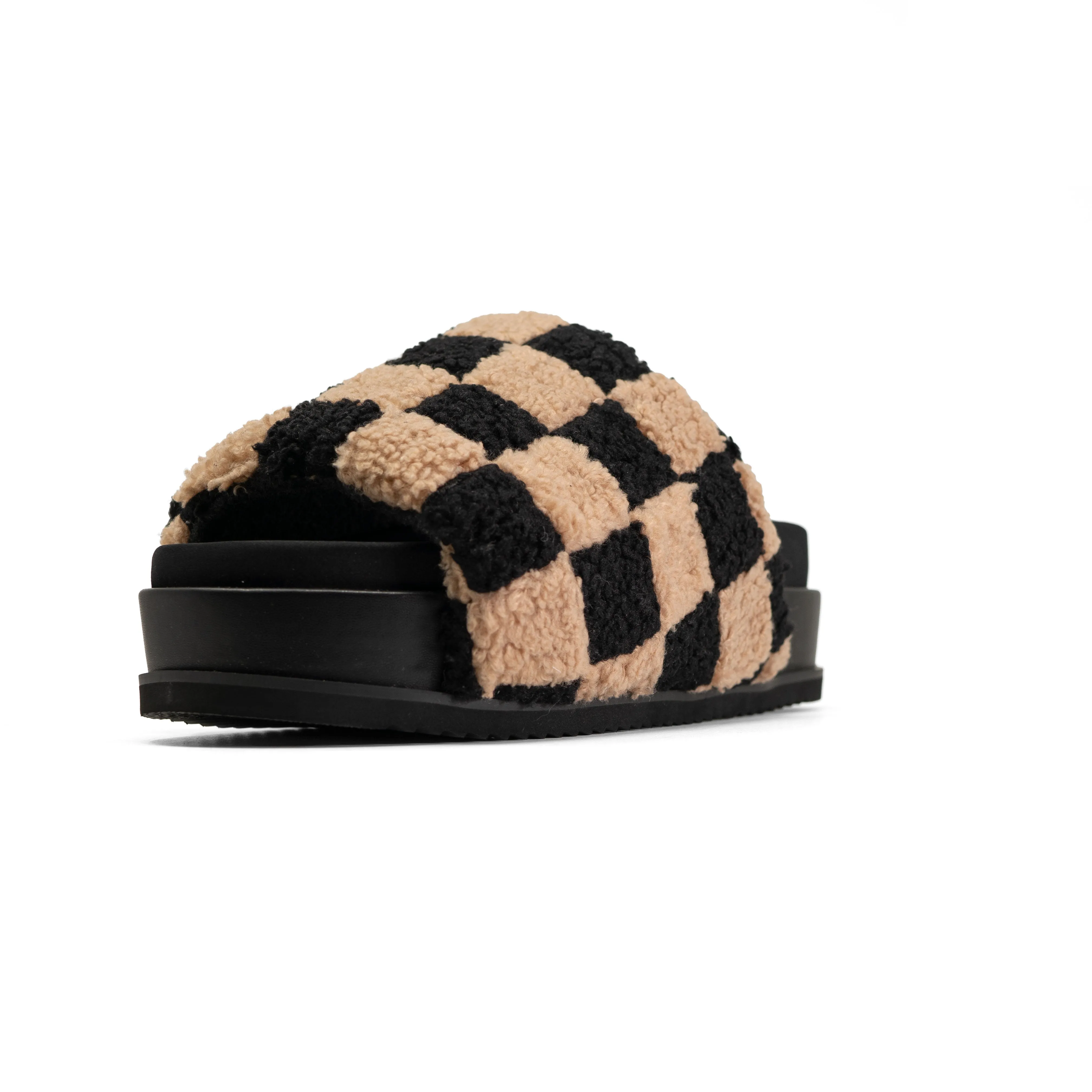 ROAM FUZZY CHECKER STACK PLATFORM  BLACK & BEIGE FAUX SHEARLING