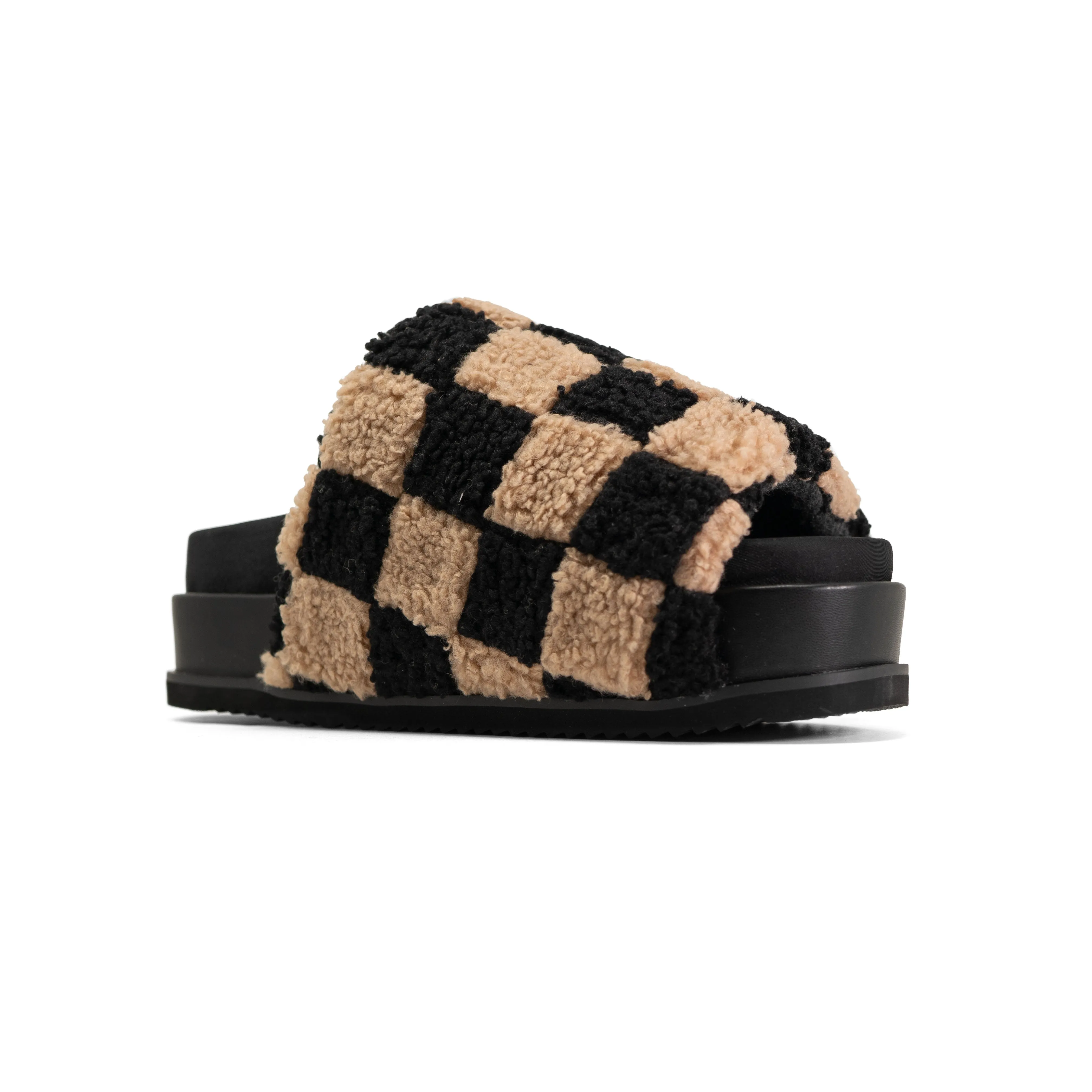 ROAM FUZZY CHECKER STACK PLATFORM  BLACK & BEIGE FAUX SHEARLING