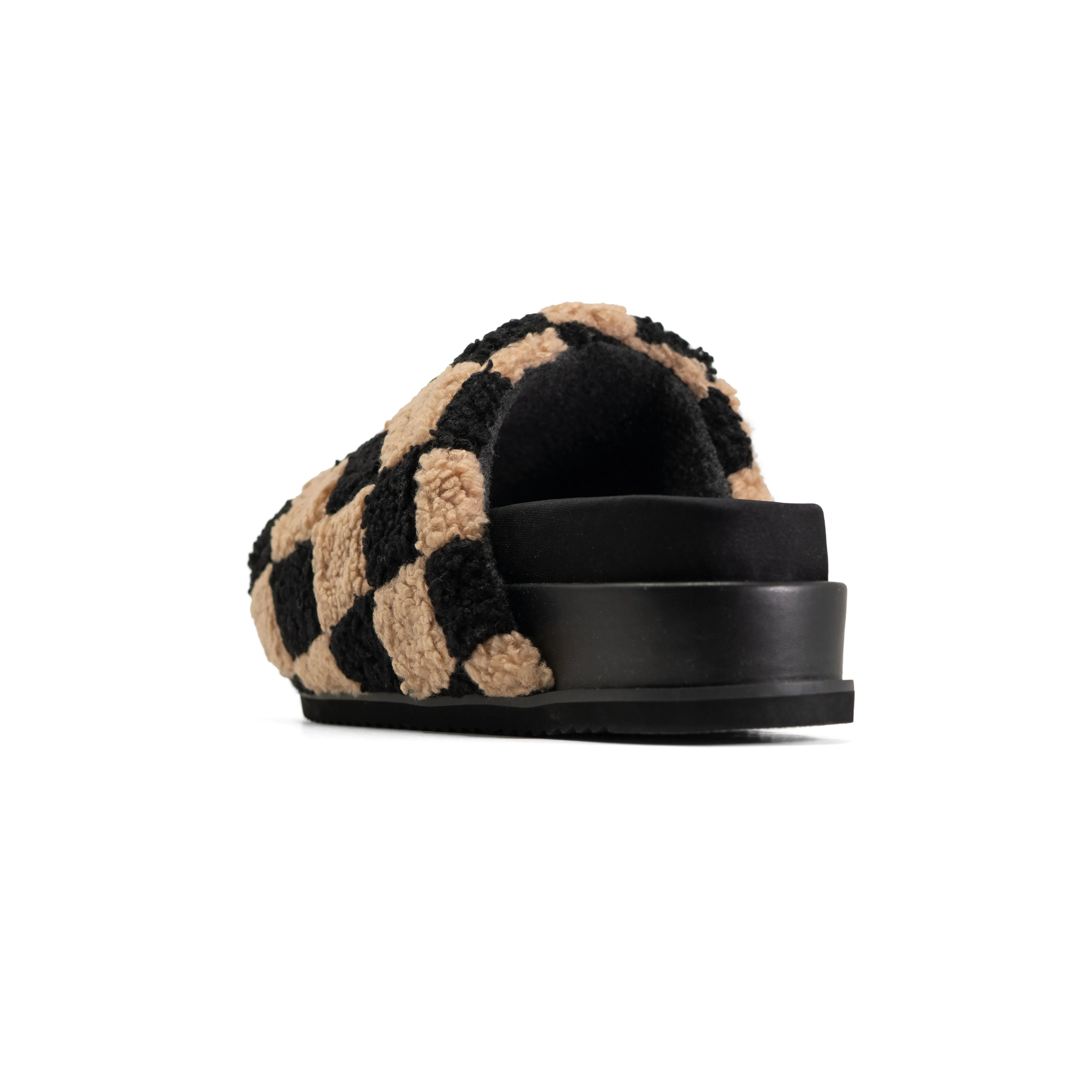 ROAM FUZZY CHECKER STACK PLATFORM  BLACK & BEIGE FAUX SHEARLING