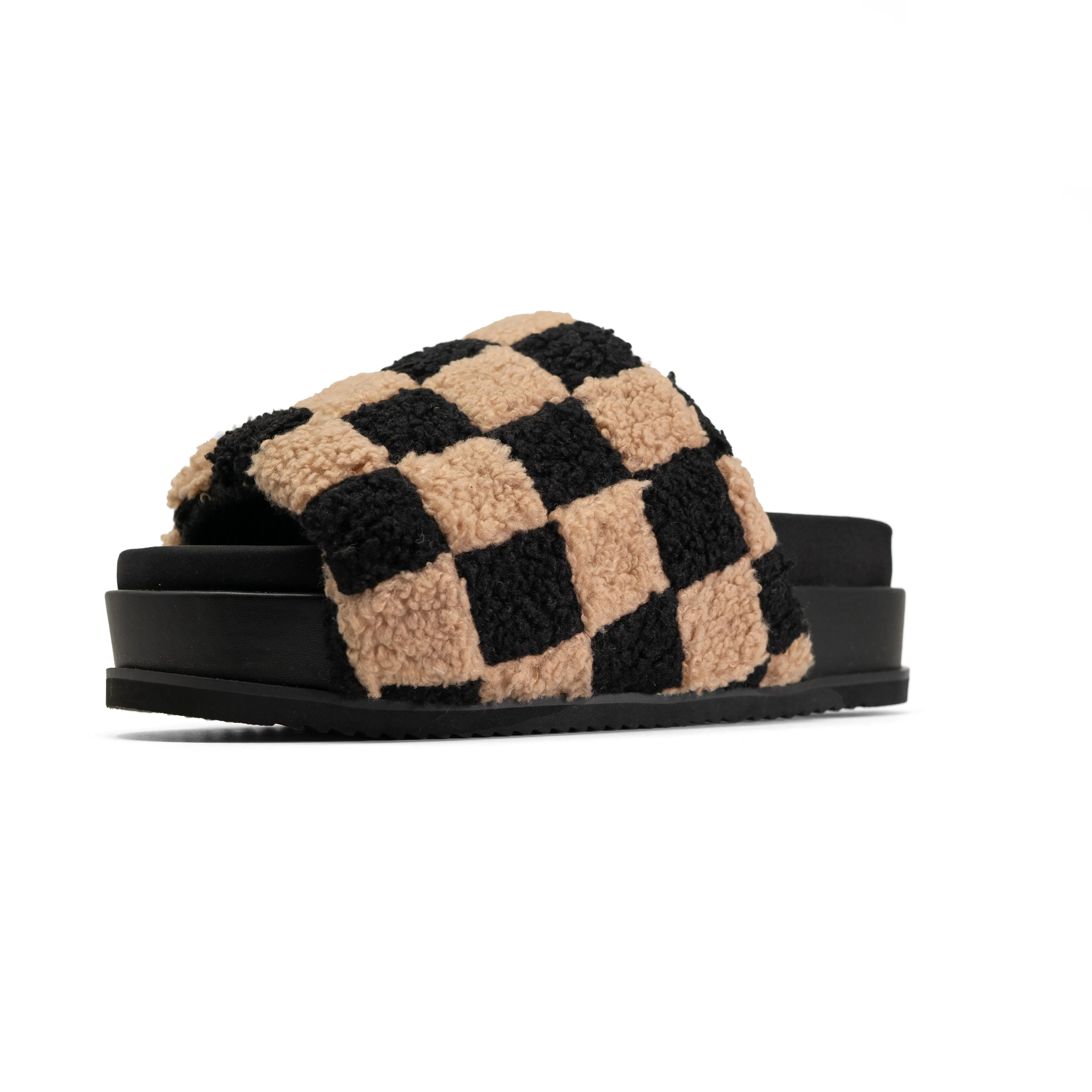 ROAM FUZZY CHECKER STACK PLATFORM  BLACK & BEIGE FAUX SHEARLING