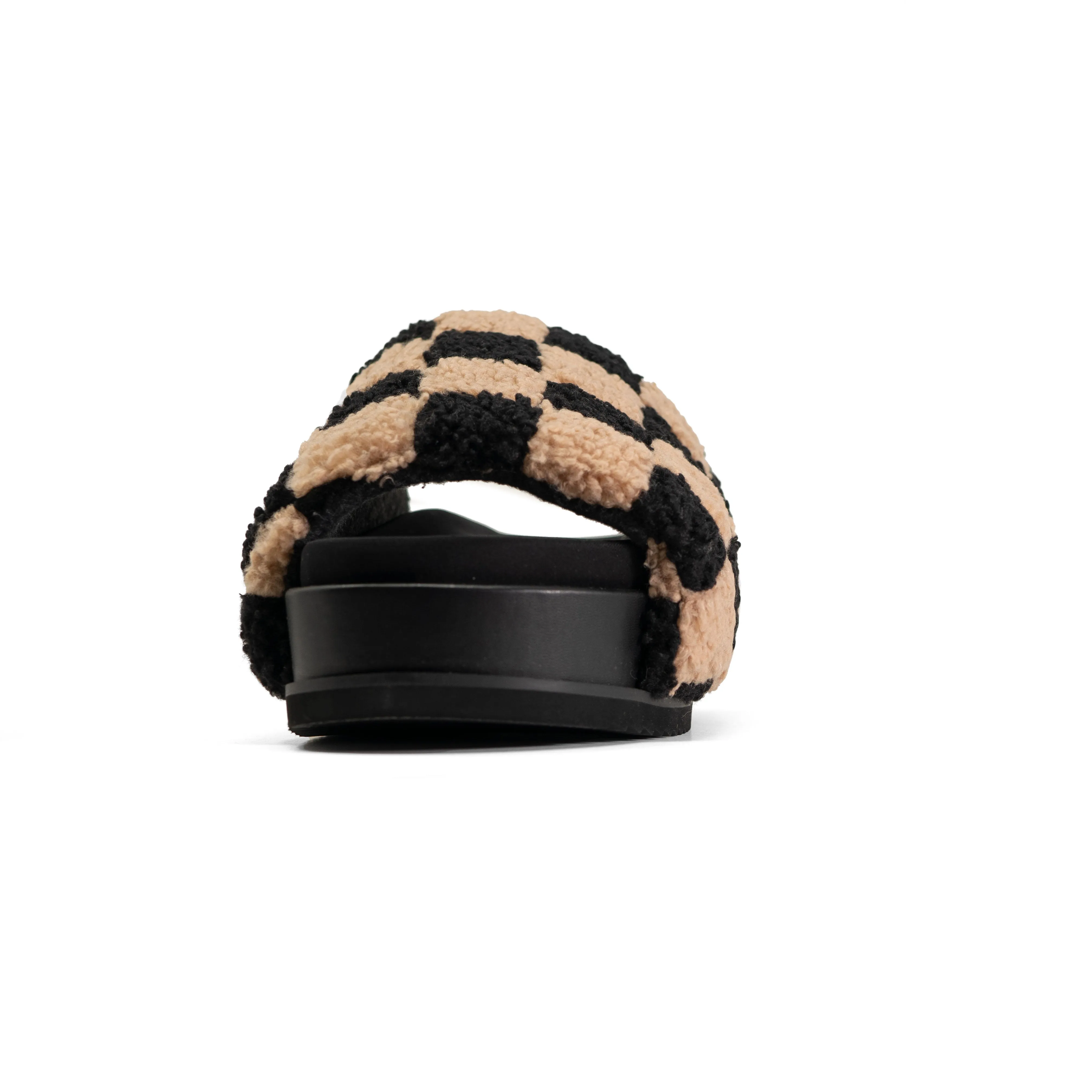 ROAM FUZZY CHECKER STACK PLATFORM  BLACK & BEIGE FAUX SHEARLING