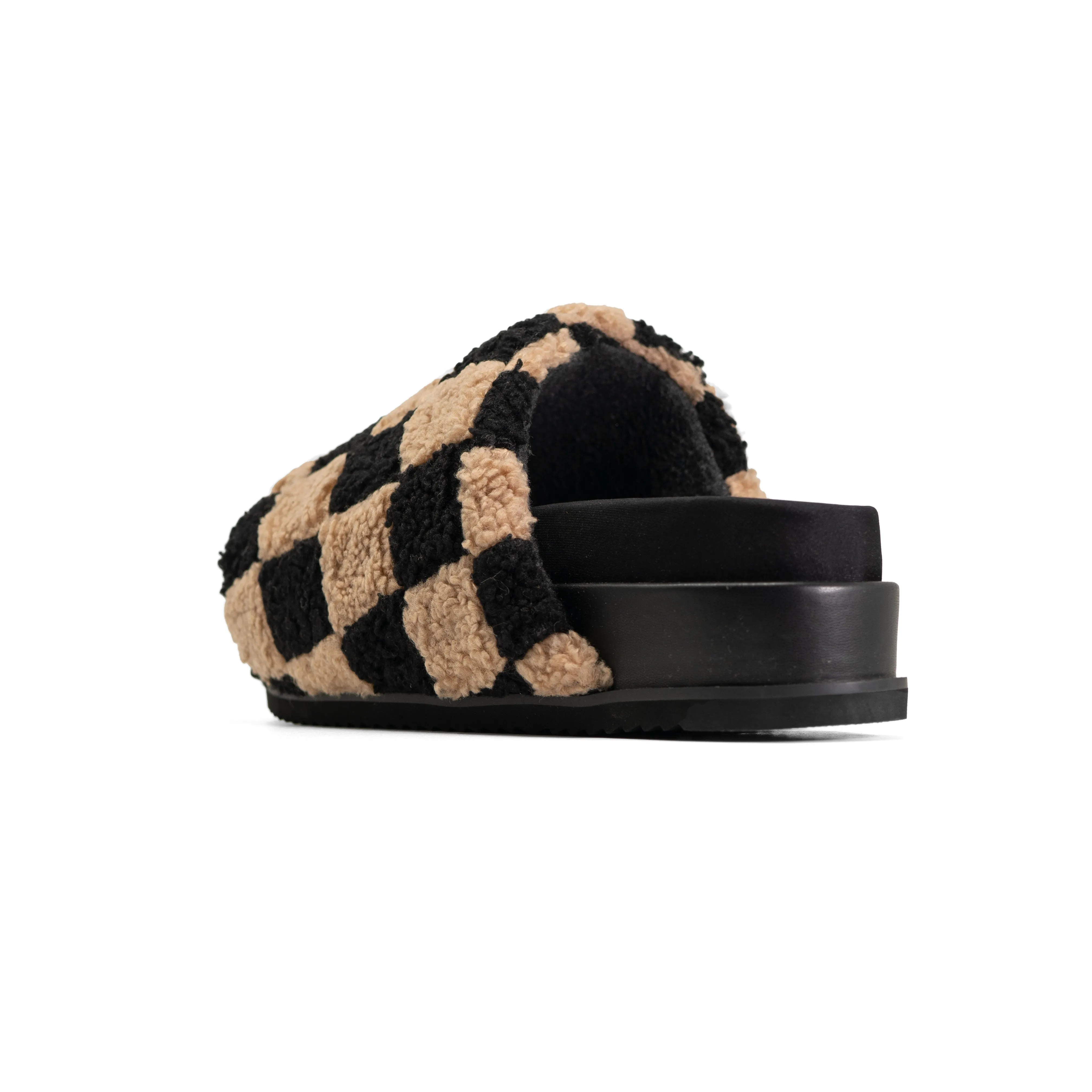ROAM FUZZY CHECKER STACK PLATFORM  BLACK & BEIGE FAUX SHEARLING