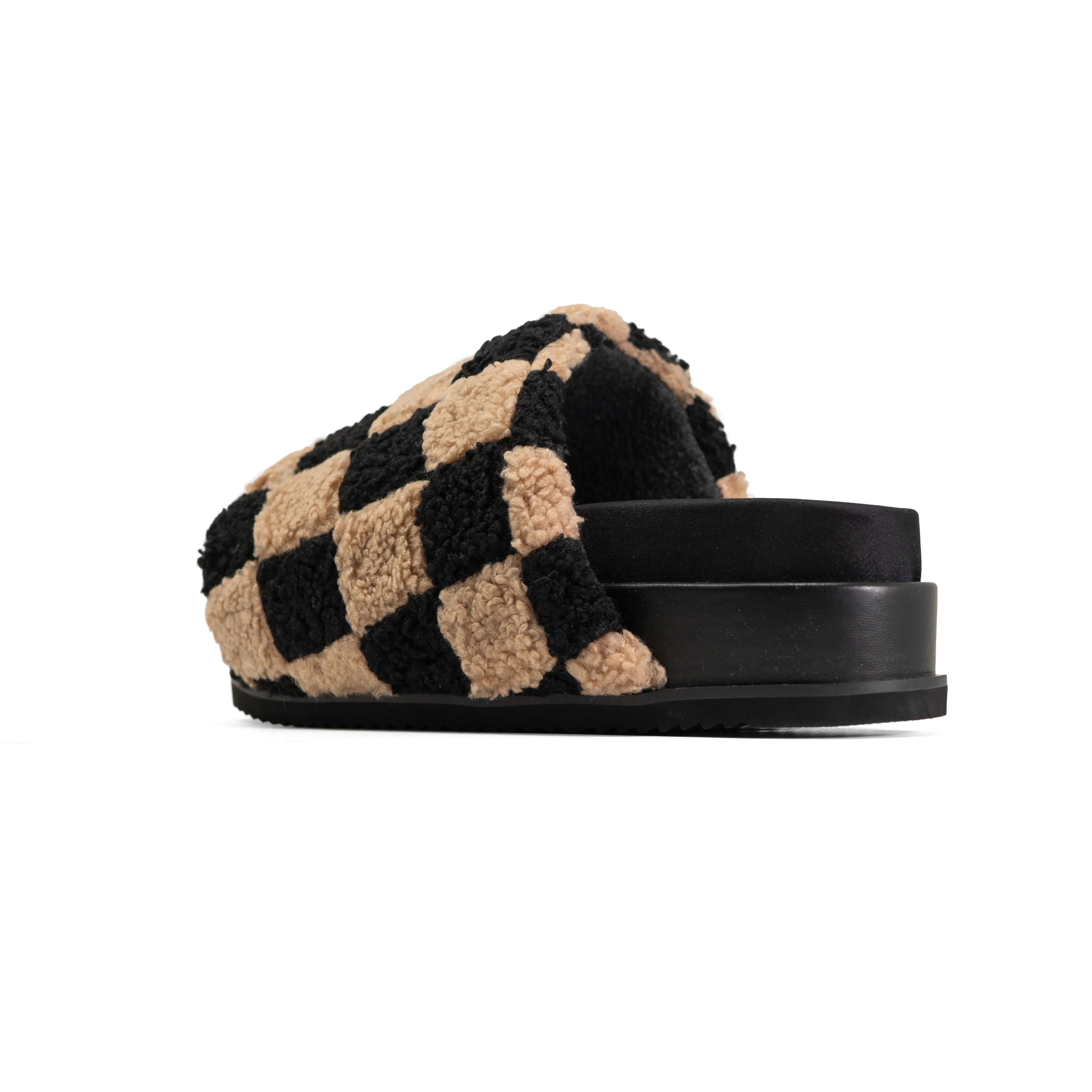 ROAM FUZZY CHECKER STACK PLATFORM  BLACK & BEIGE FAUX SHEARLING