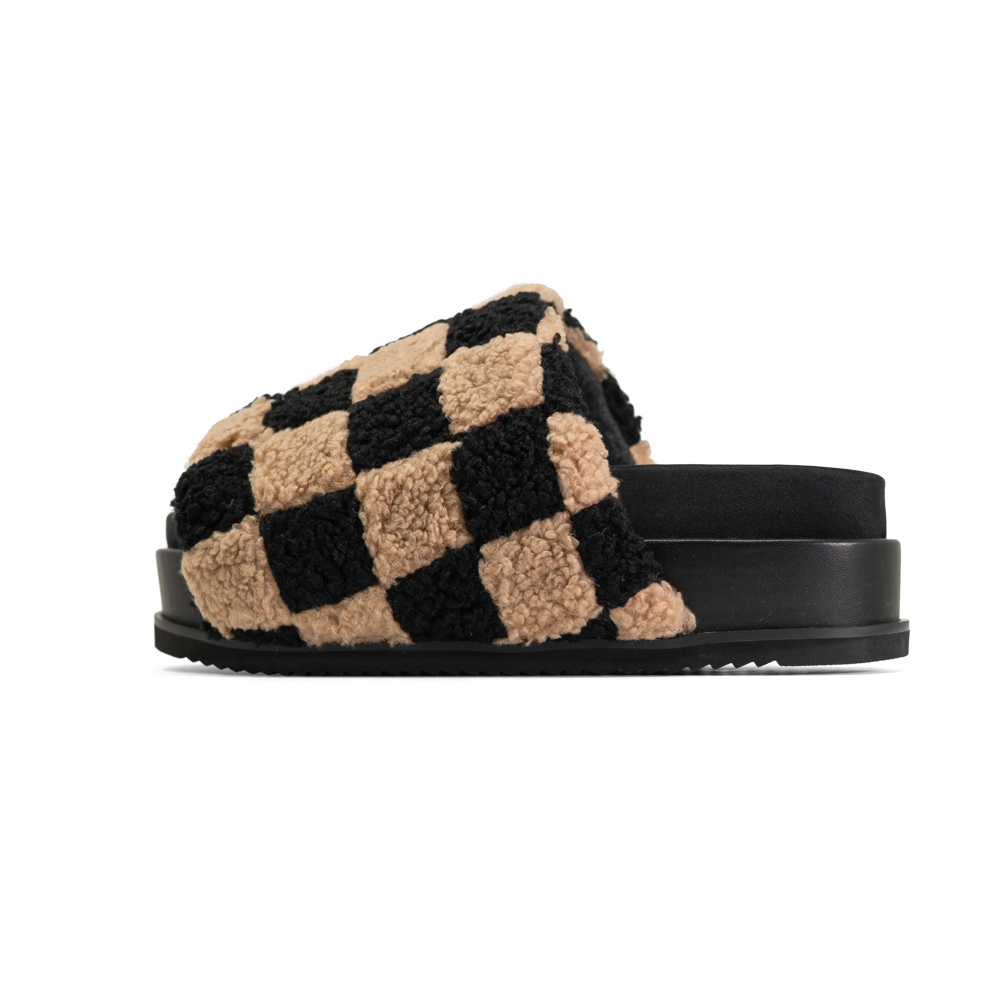 ROAM FUZZY CHECKER STACK PLATFORM  BLACK & BEIGE FAUX SHEARLING