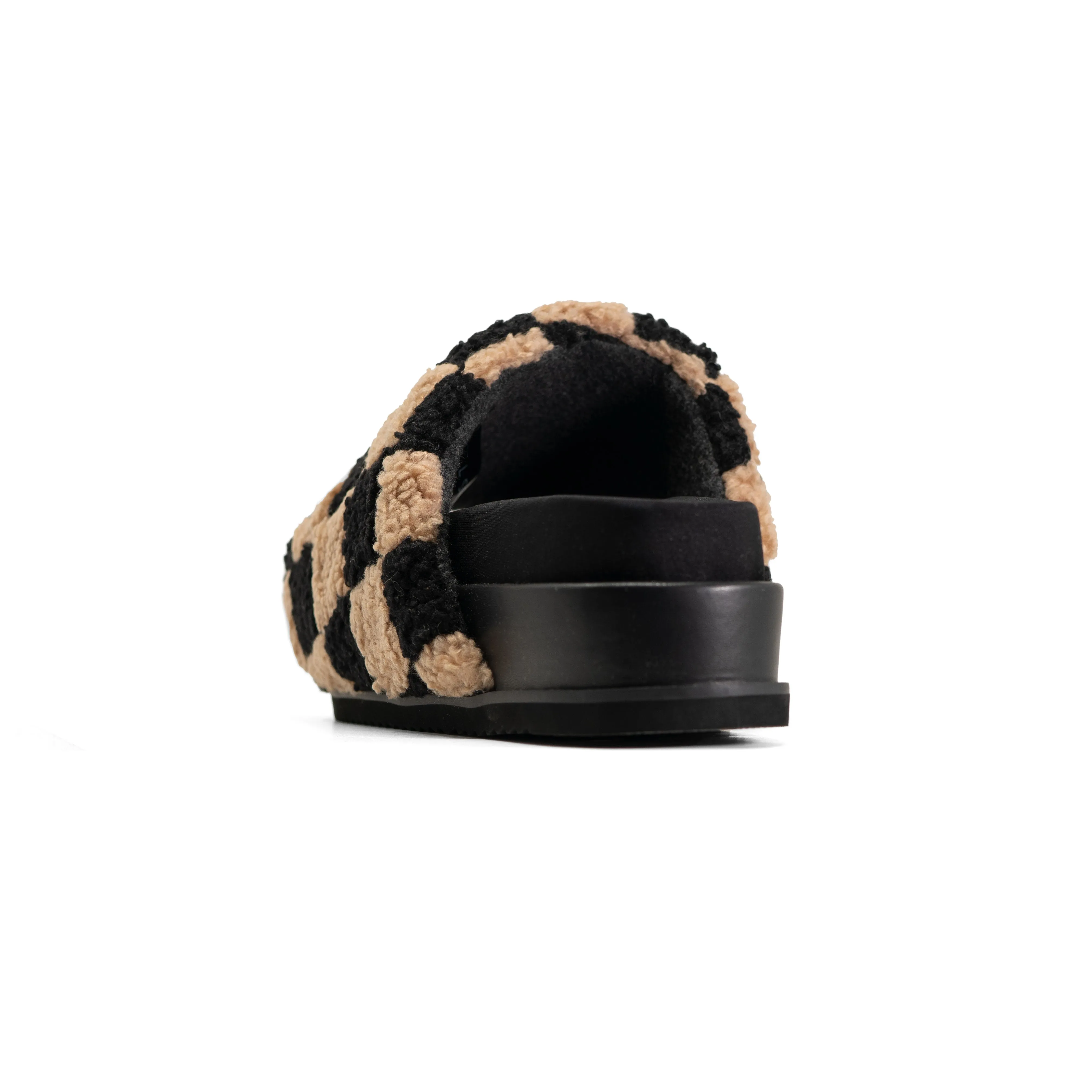ROAM FUZZY CHECKER STACK PLATFORM  BLACK & BEIGE FAUX SHEARLING