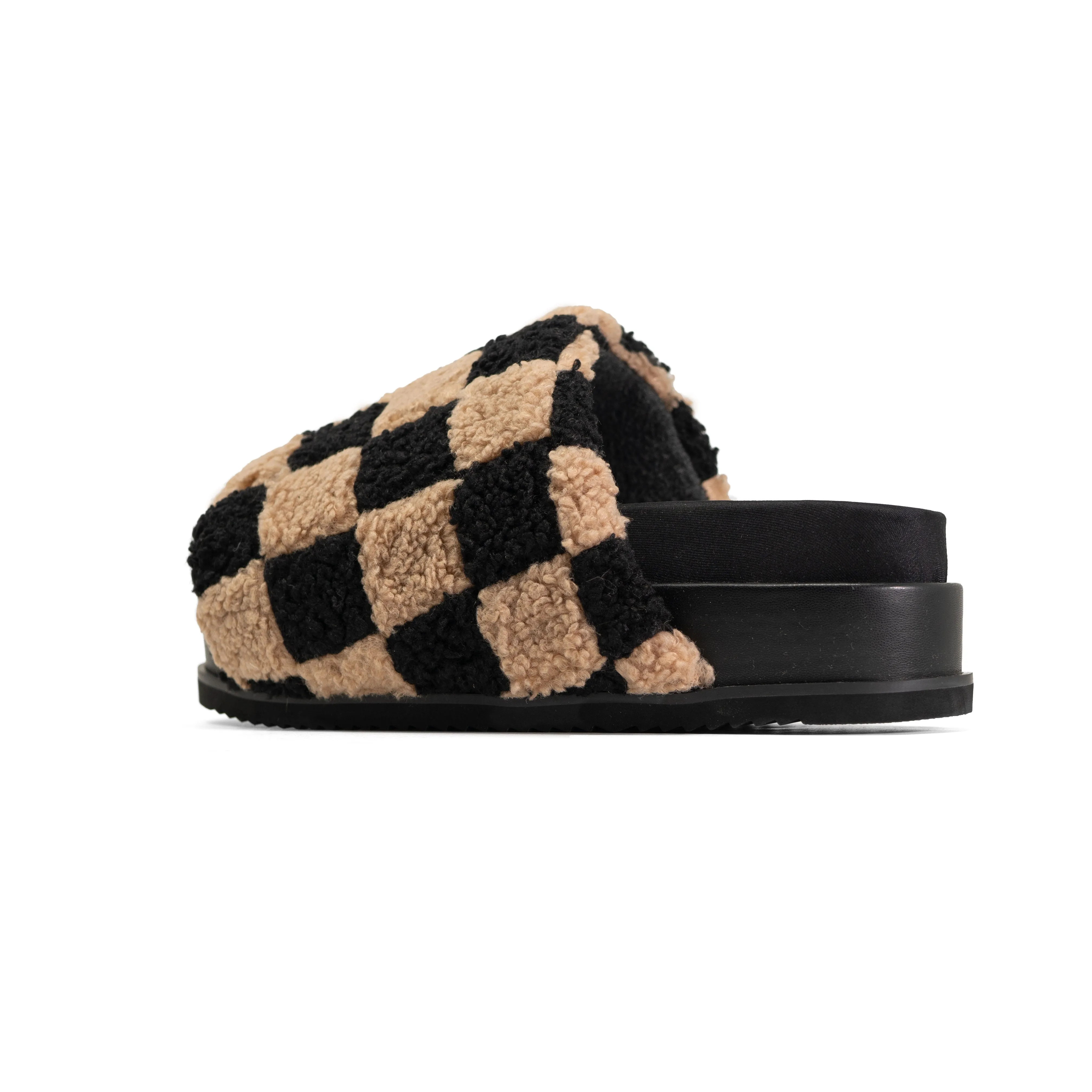 ROAM FUZZY CHECKER STACK PLATFORM  BLACK & BEIGE FAUX SHEARLING