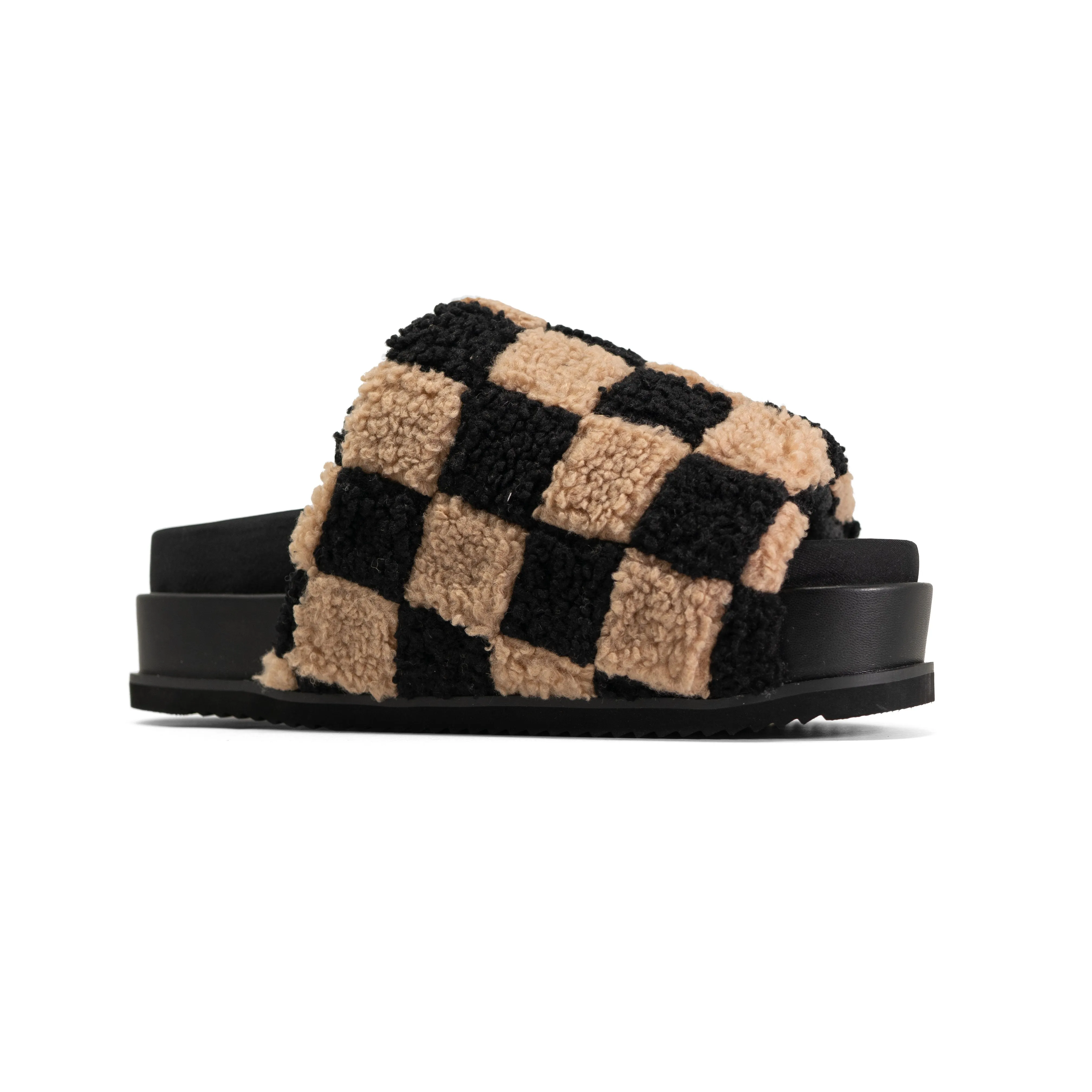 ROAM FUZZY CHECKER STACK PLATFORM  BLACK & BEIGE FAUX SHEARLING
