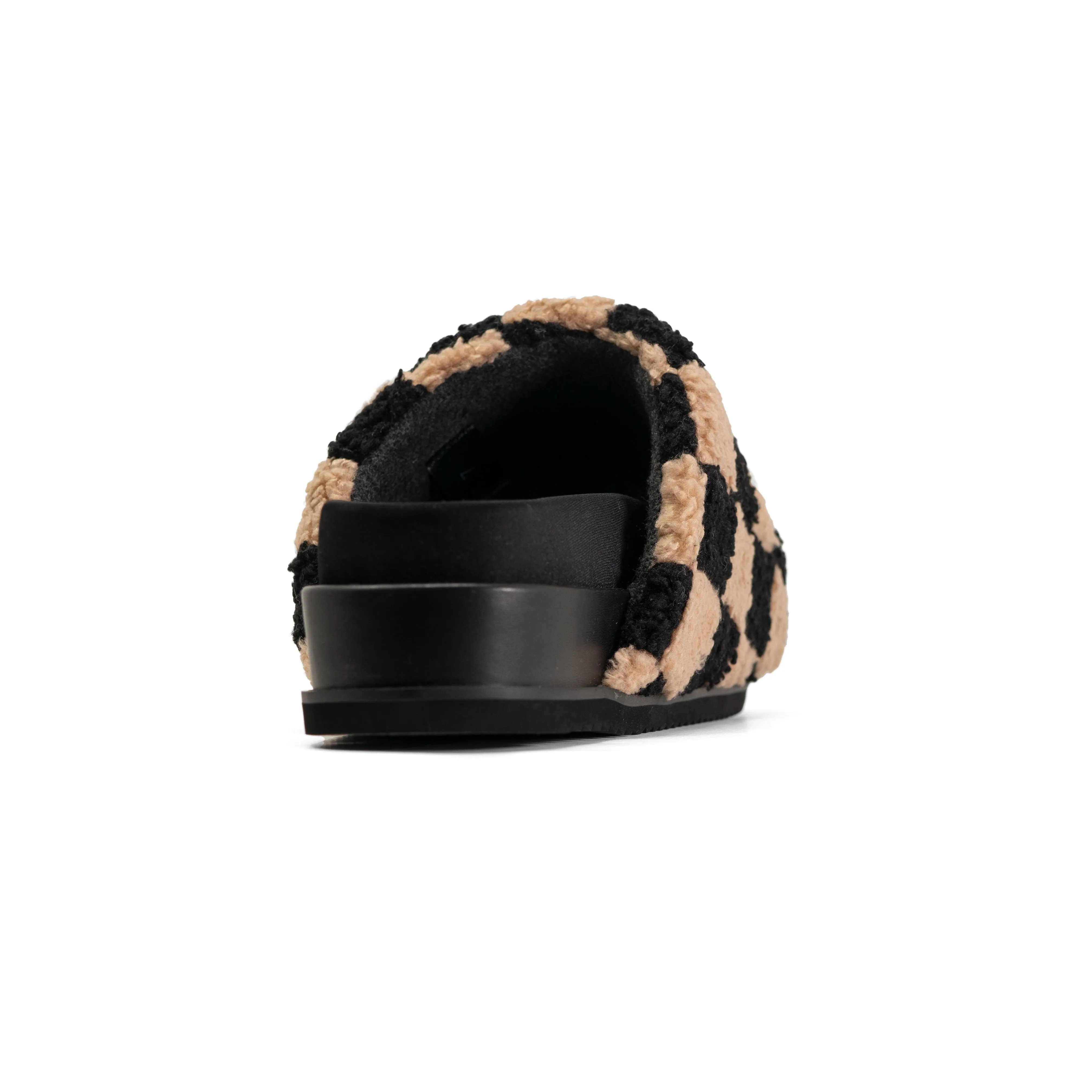 ROAM FUZZY CHECKER STACK PLATFORM  BLACK & BEIGE FAUX SHEARLING