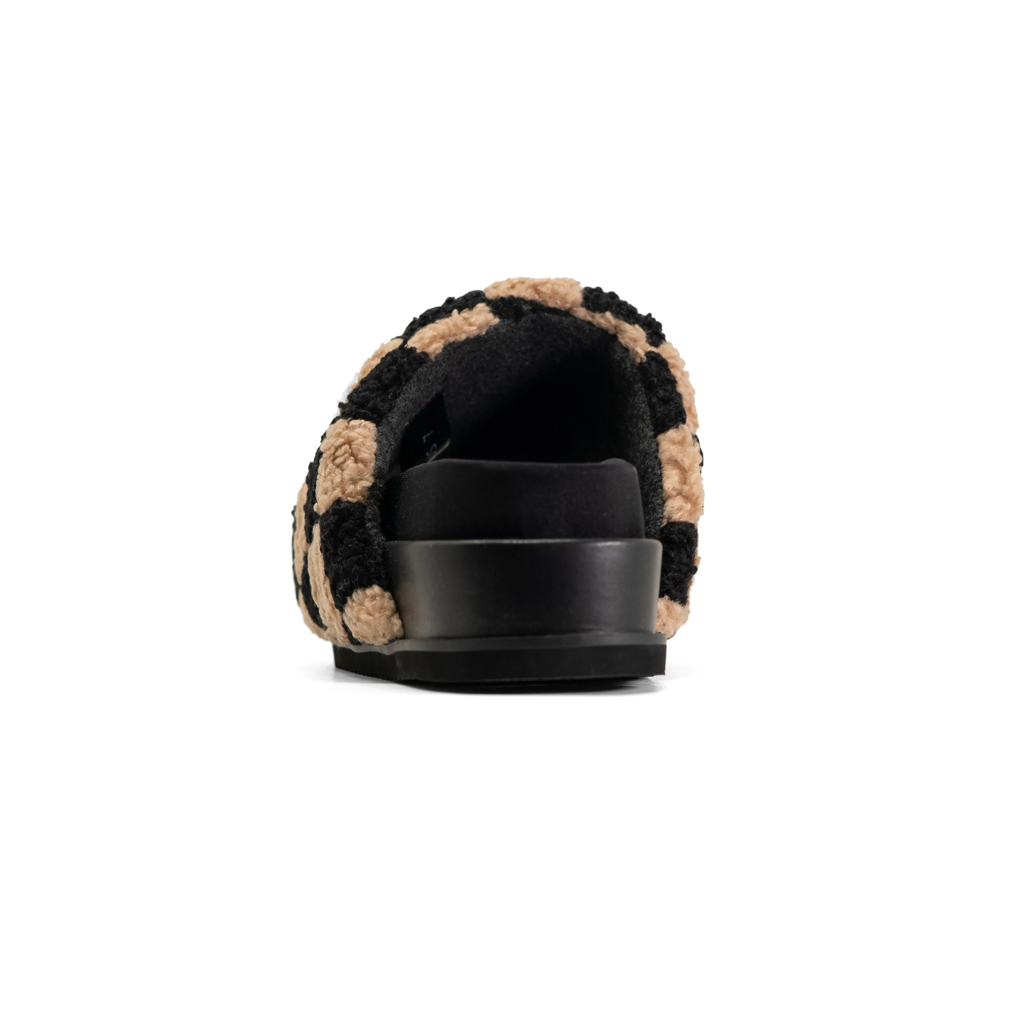 ROAM FUZZY CHECKER STACK PLATFORM  BLACK & BEIGE FAUX SHEARLING