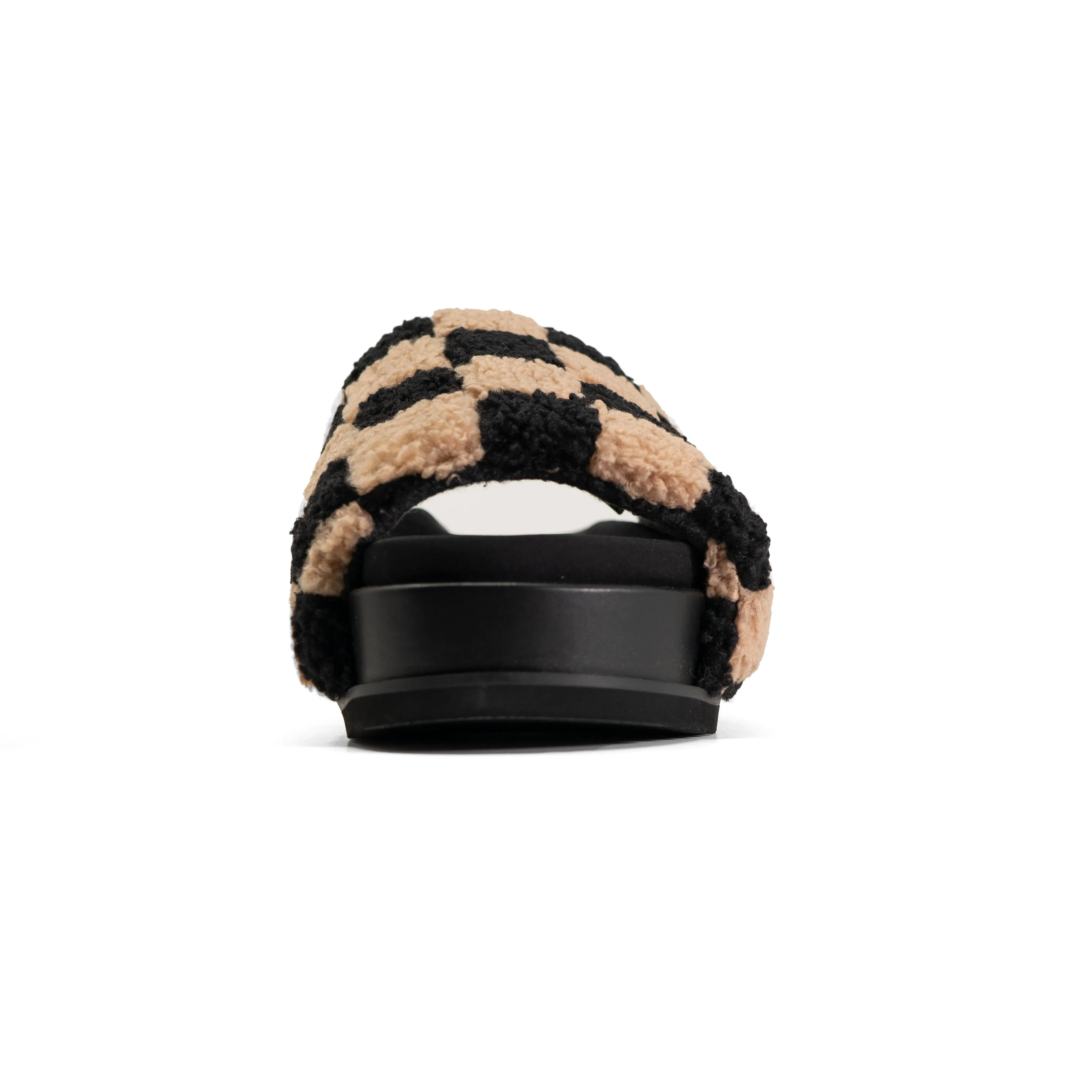 ROAM FUZZY CHECKER STACK PLATFORM  BLACK & BEIGE FAUX SHEARLING