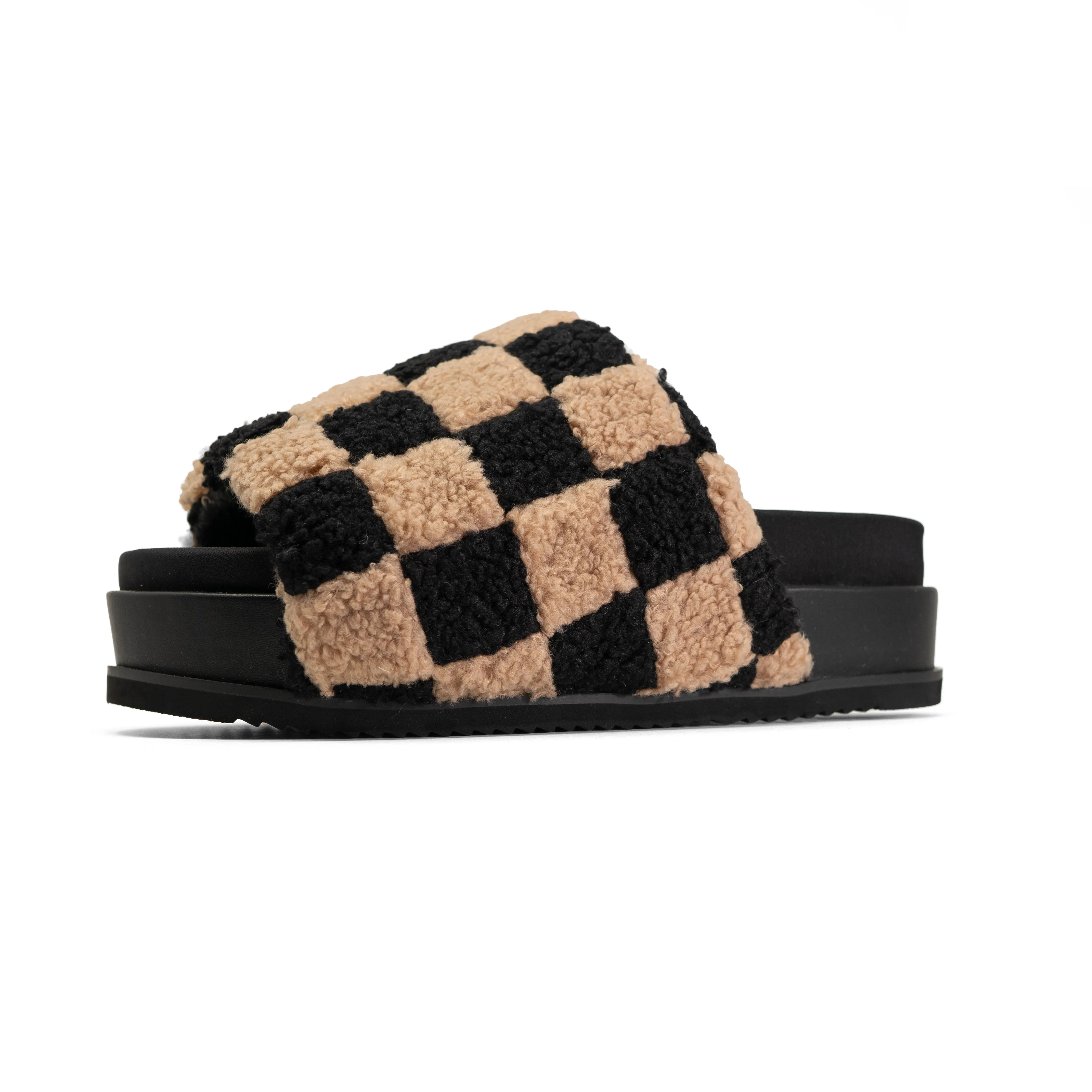 ROAM FUZZY CHECKER STACK PLATFORM  BLACK & BEIGE FAUX SHEARLING