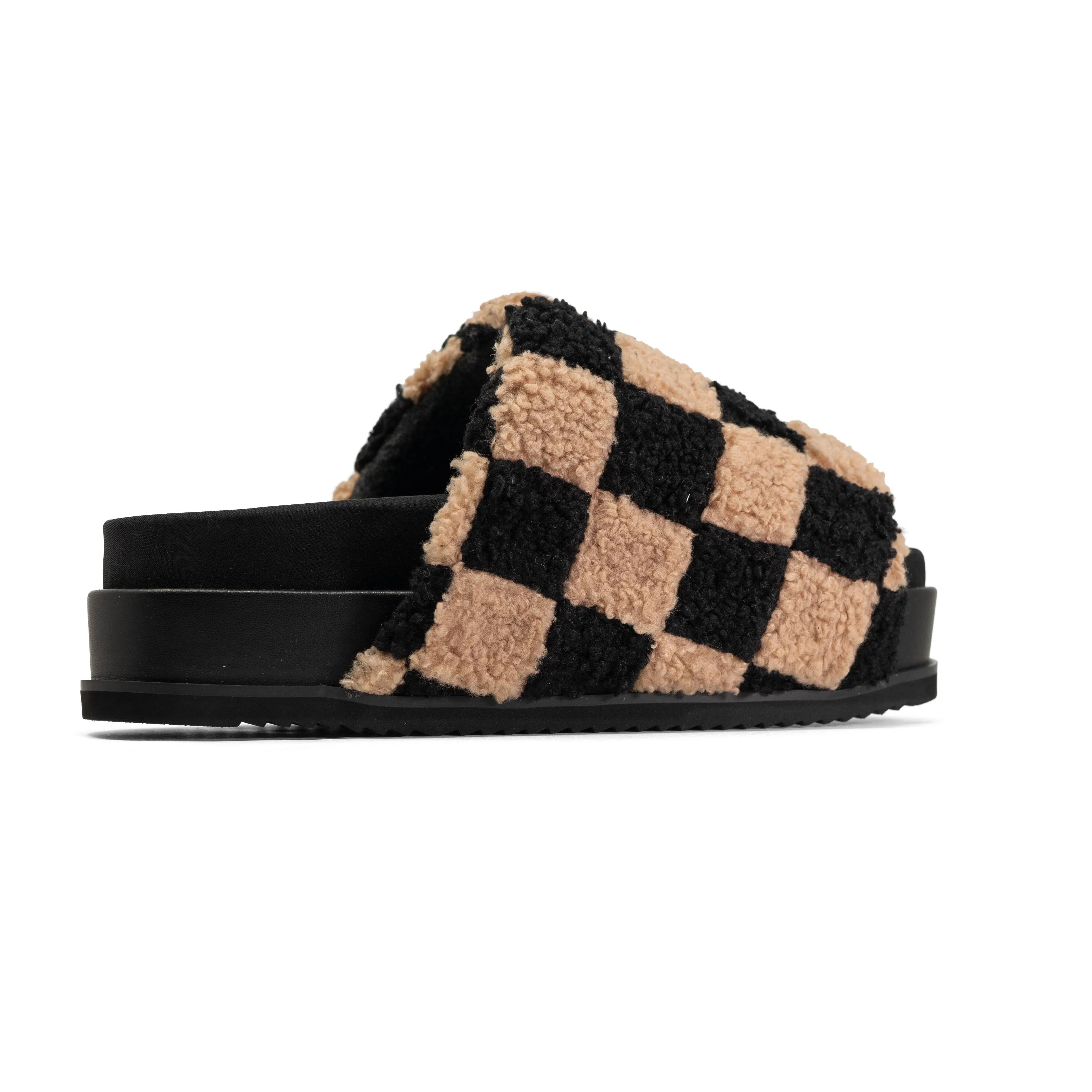 ROAM FUZZY CHECKER STACK PLATFORM  BLACK & BEIGE FAUX SHEARLING