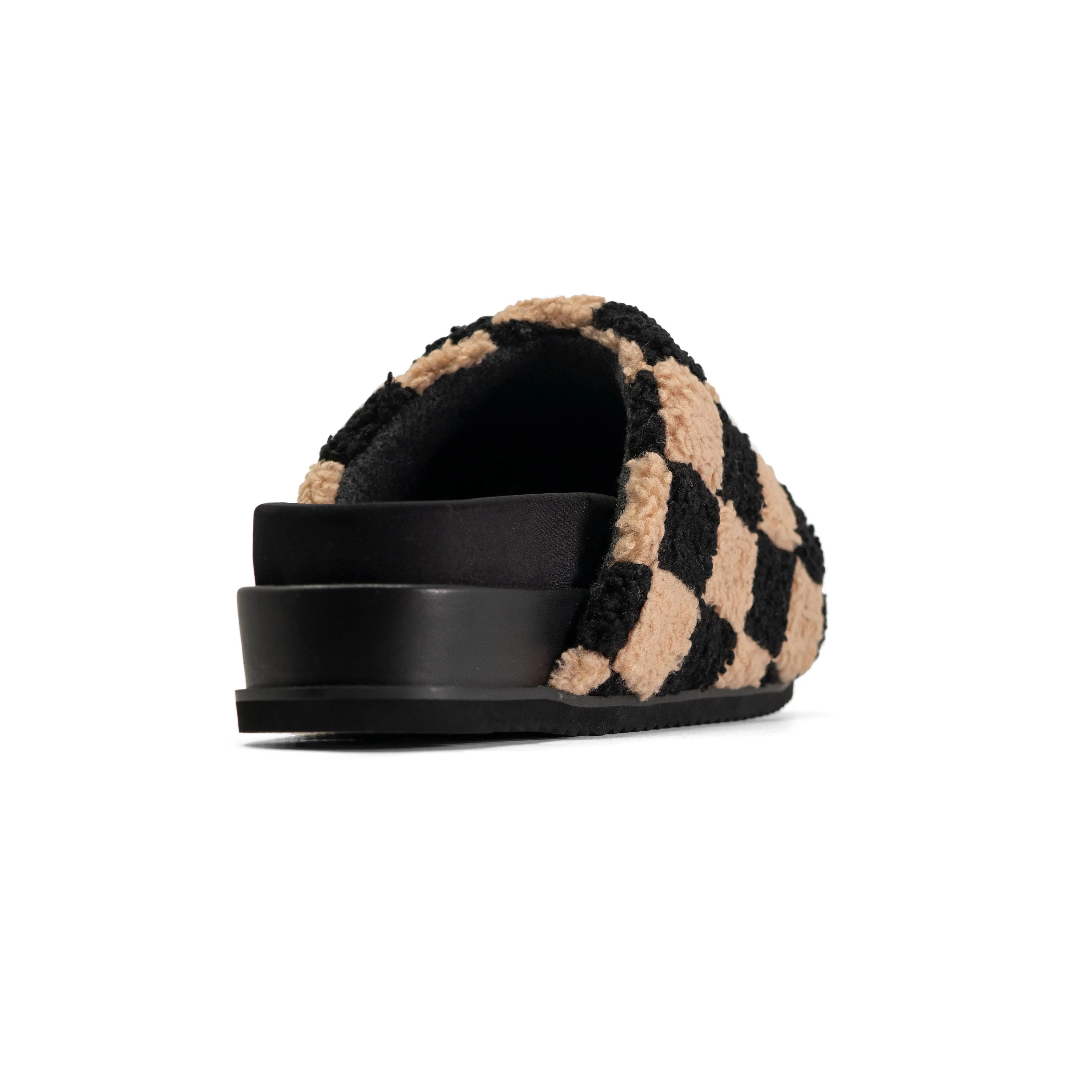 ROAM FUZZY CHECKER STACK PLATFORM  BLACK & BEIGE FAUX SHEARLING