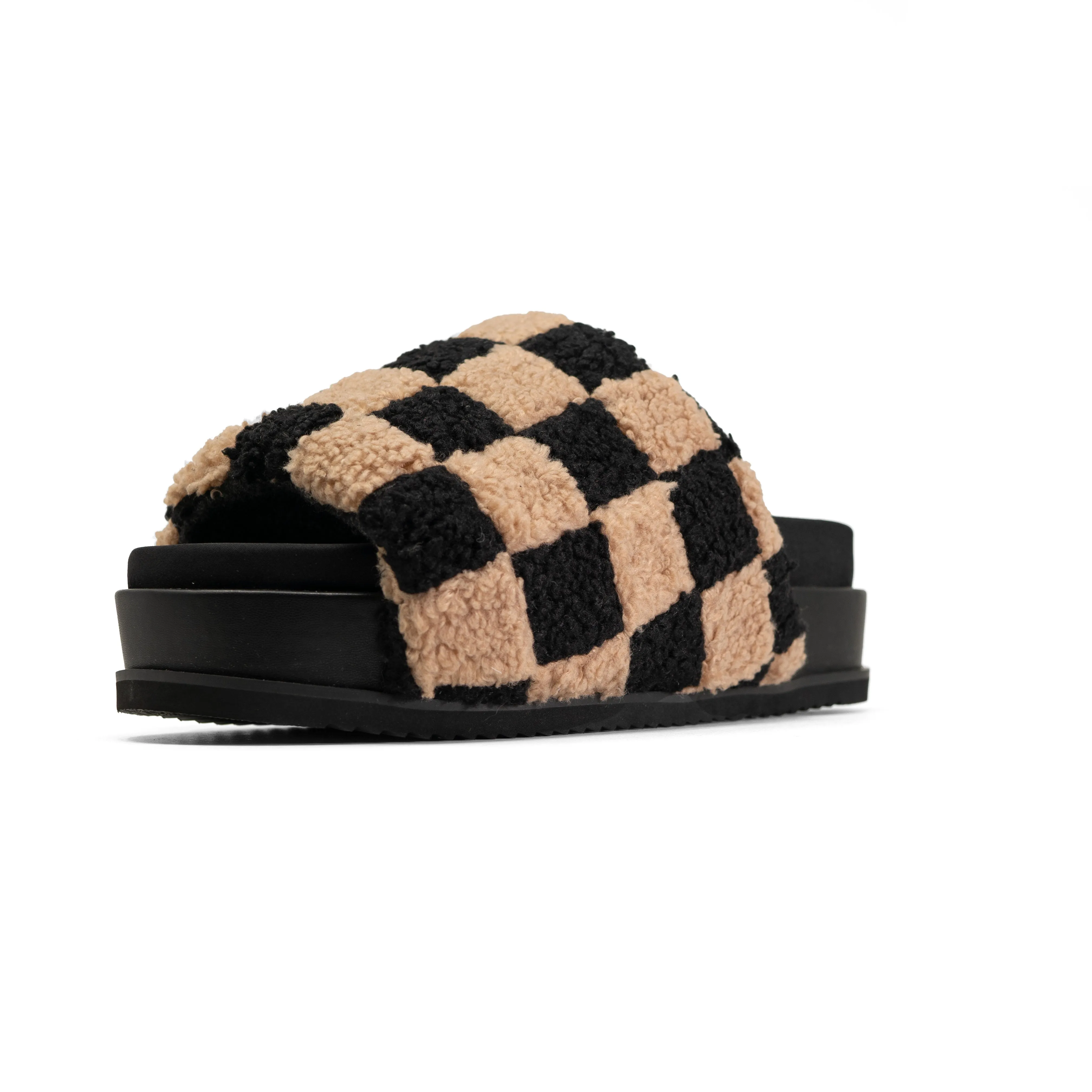 ROAM FUZZY CHECKER STACK PLATFORM  BLACK & BEIGE FAUX SHEARLING