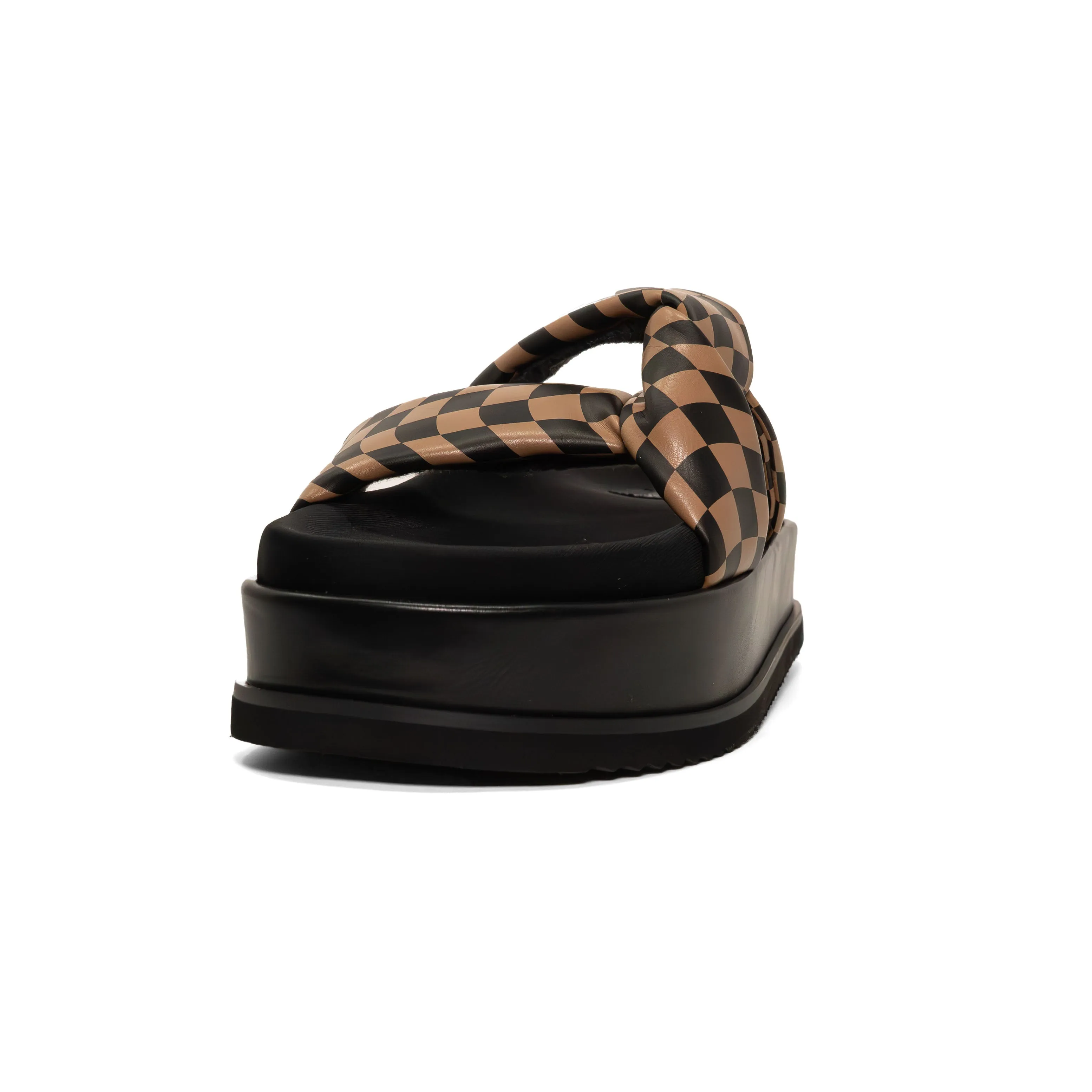 ROAM WAVY CHECK SIDE SLIP STACK PLATFORM BLACK & BEIGE VEGAN LEATHER