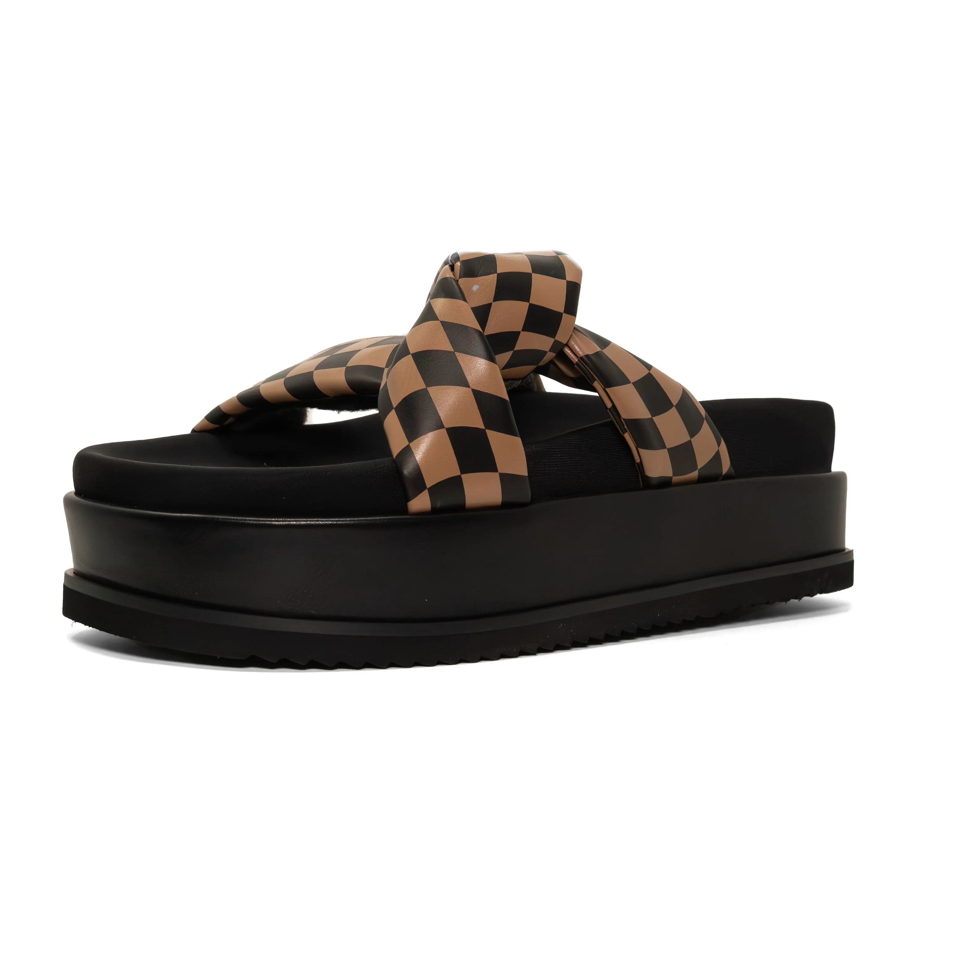 ROAM WAVY CHECK SIDE SLIP STACK PLATFORM BLACK & BEIGE VEGAN LEATHER