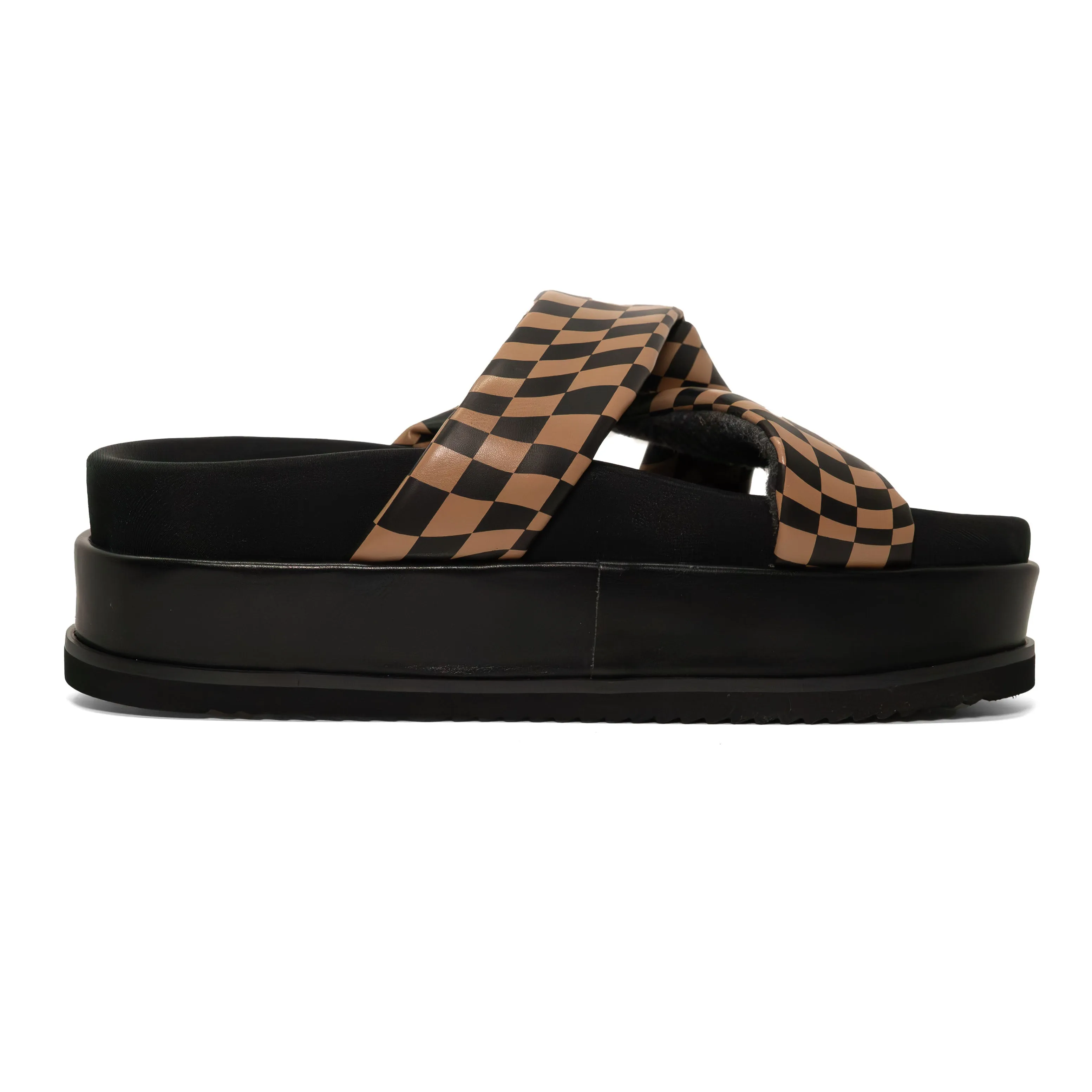 ROAM WAVY CHECK SIDE SLIP STACK PLATFORM BLACK & BEIGE VEGAN LEATHER