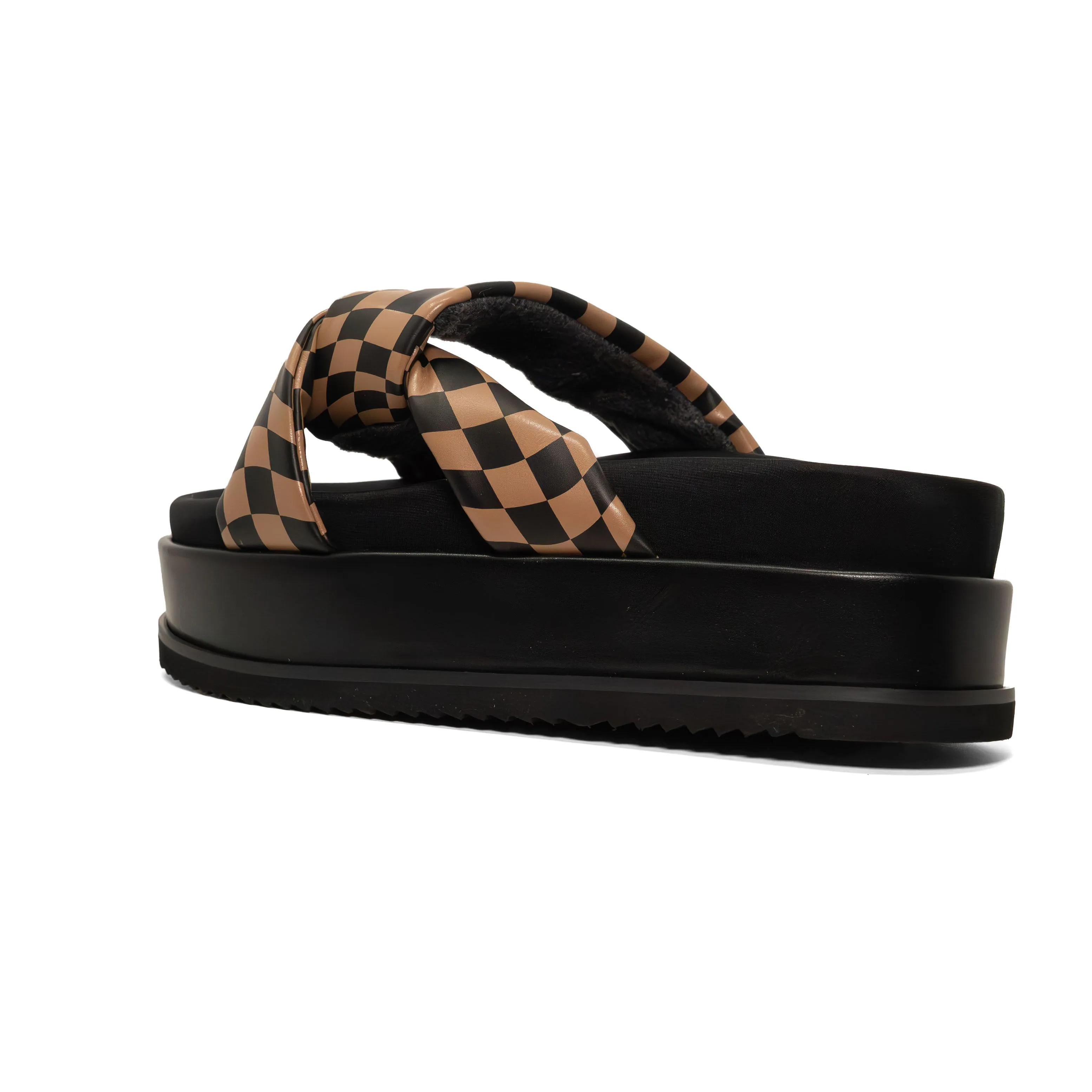 ROAM WAVY CHECK SIDE SLIP STACK PLATFORM BLACK & BEIGE VEGAN LEATHER