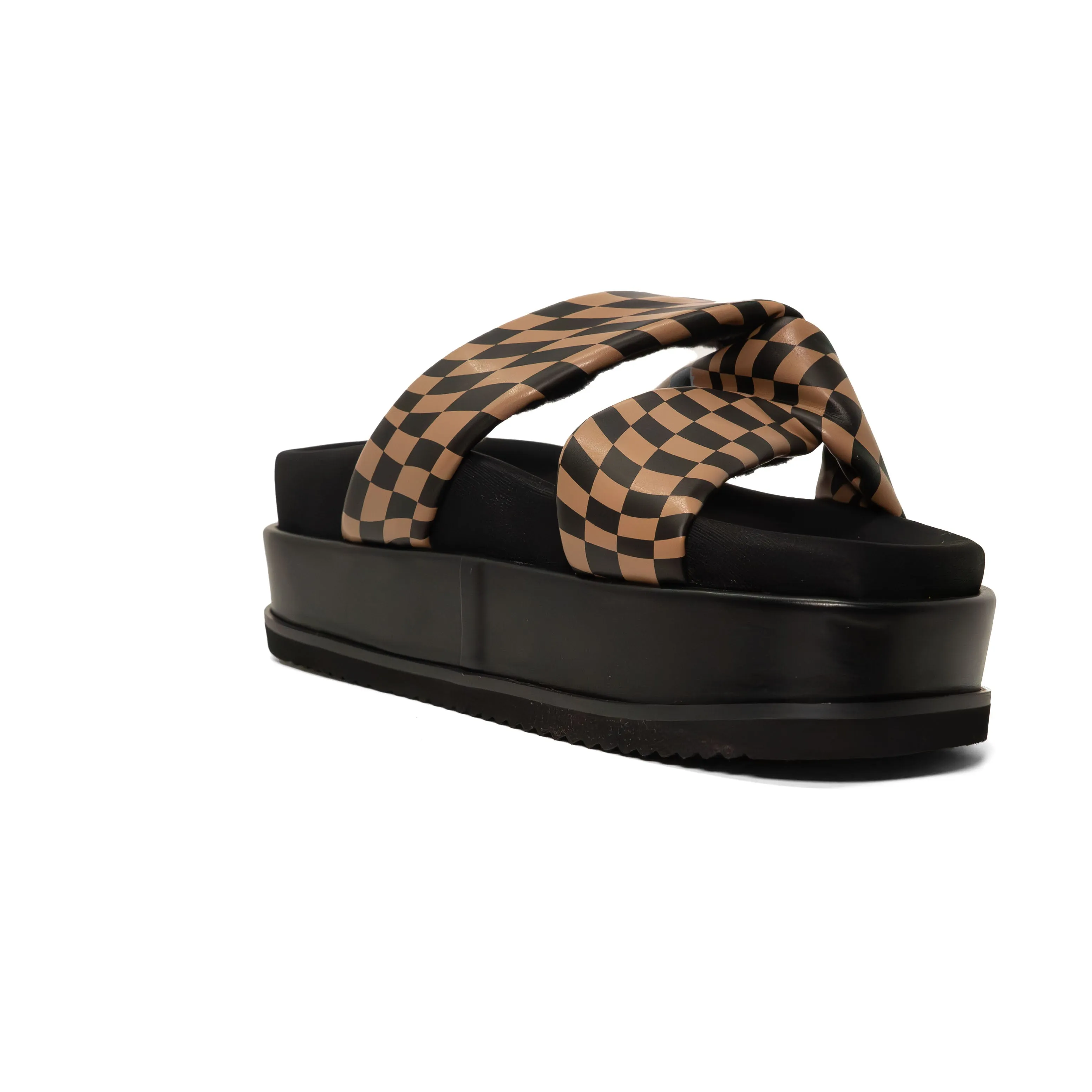 ROAM WAVY CHECK SIDE SLIP STACK PLATFORM BLACK & BEIGE VEGAN LEATHER