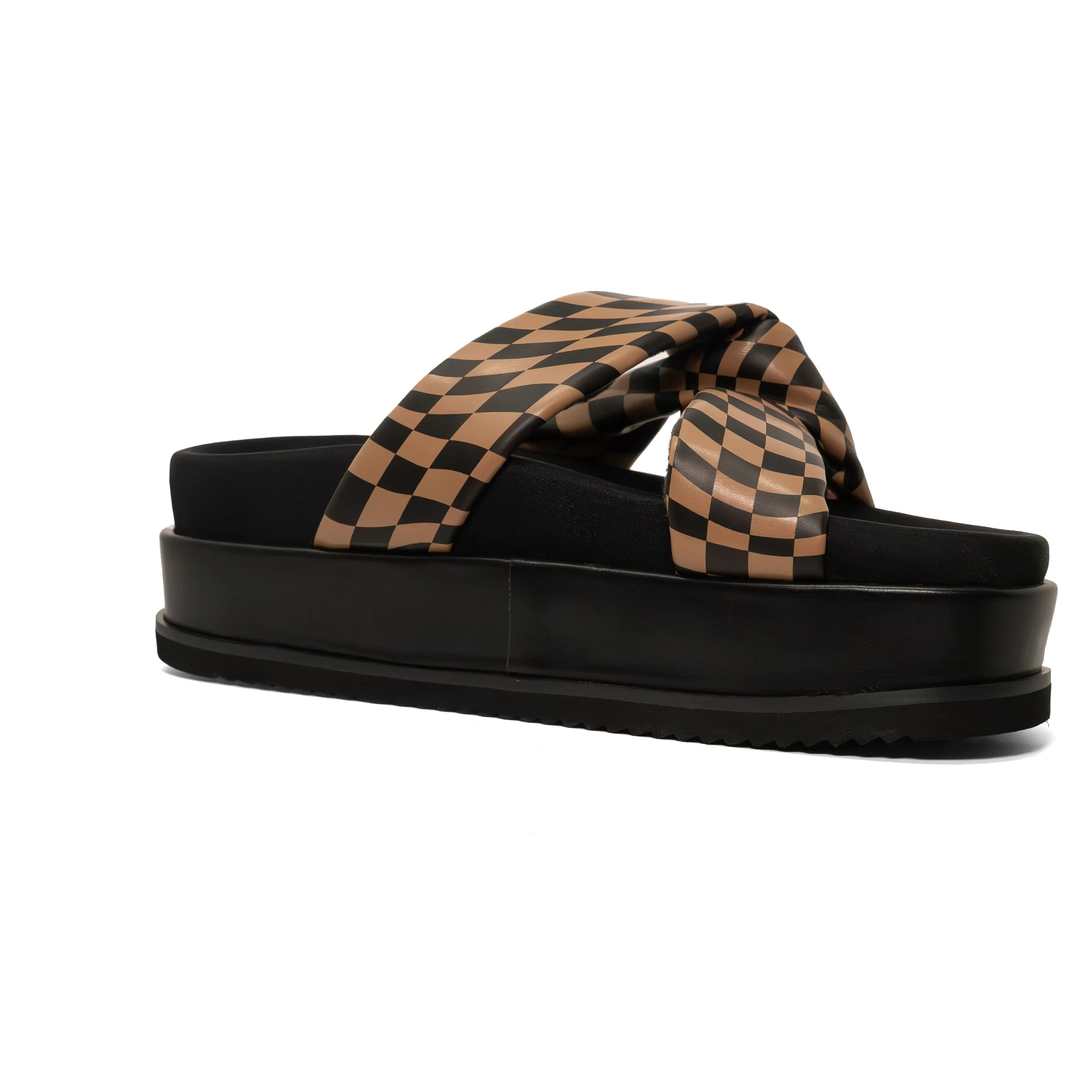 ROAM WAVY CHECK SIDE SLIP STACK PLATFORM BLACK & BEIGE VEGAN LEATHER