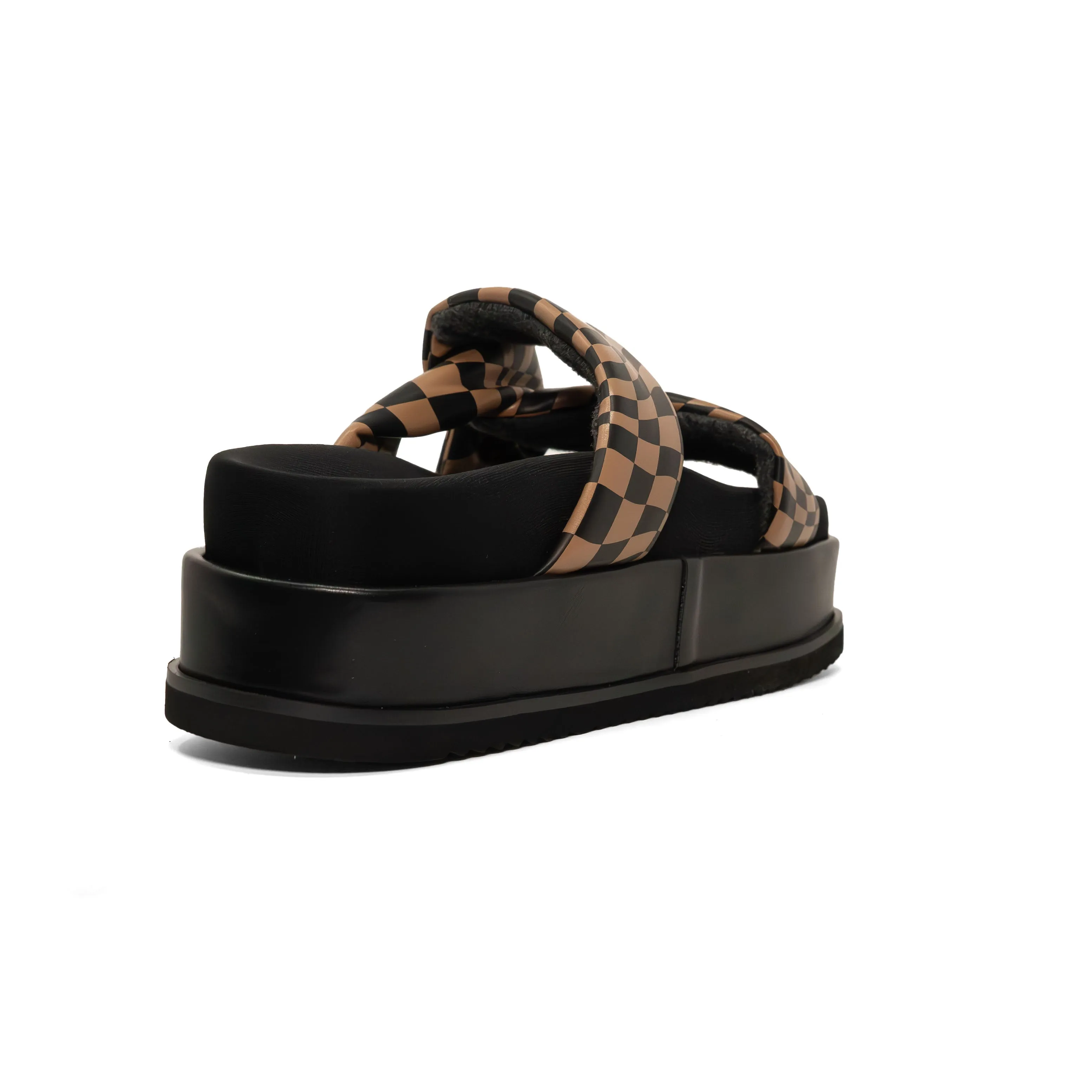 ROAM WAVY CHECK SIDE SLIP STACK PLATFORM BLACK & BEIGE VEGAN LEATHER