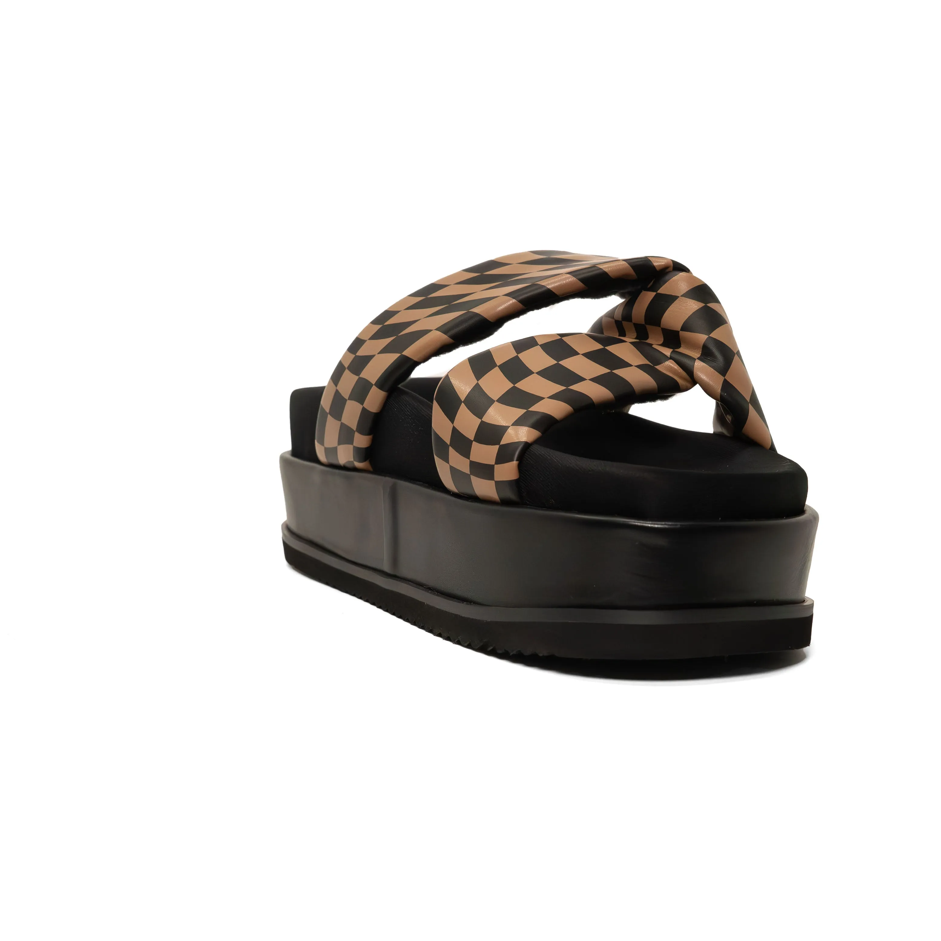 ROAM WAVY CHECK SIDE SLIP STACK PLATFORM BLACK & BEIGE VEGAN LEATHER
